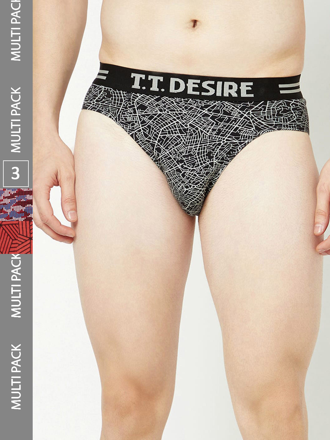 

T.T. Mens Desire 100% Combed Cotton Printed Brief Top Elastic Pack of 3, Black