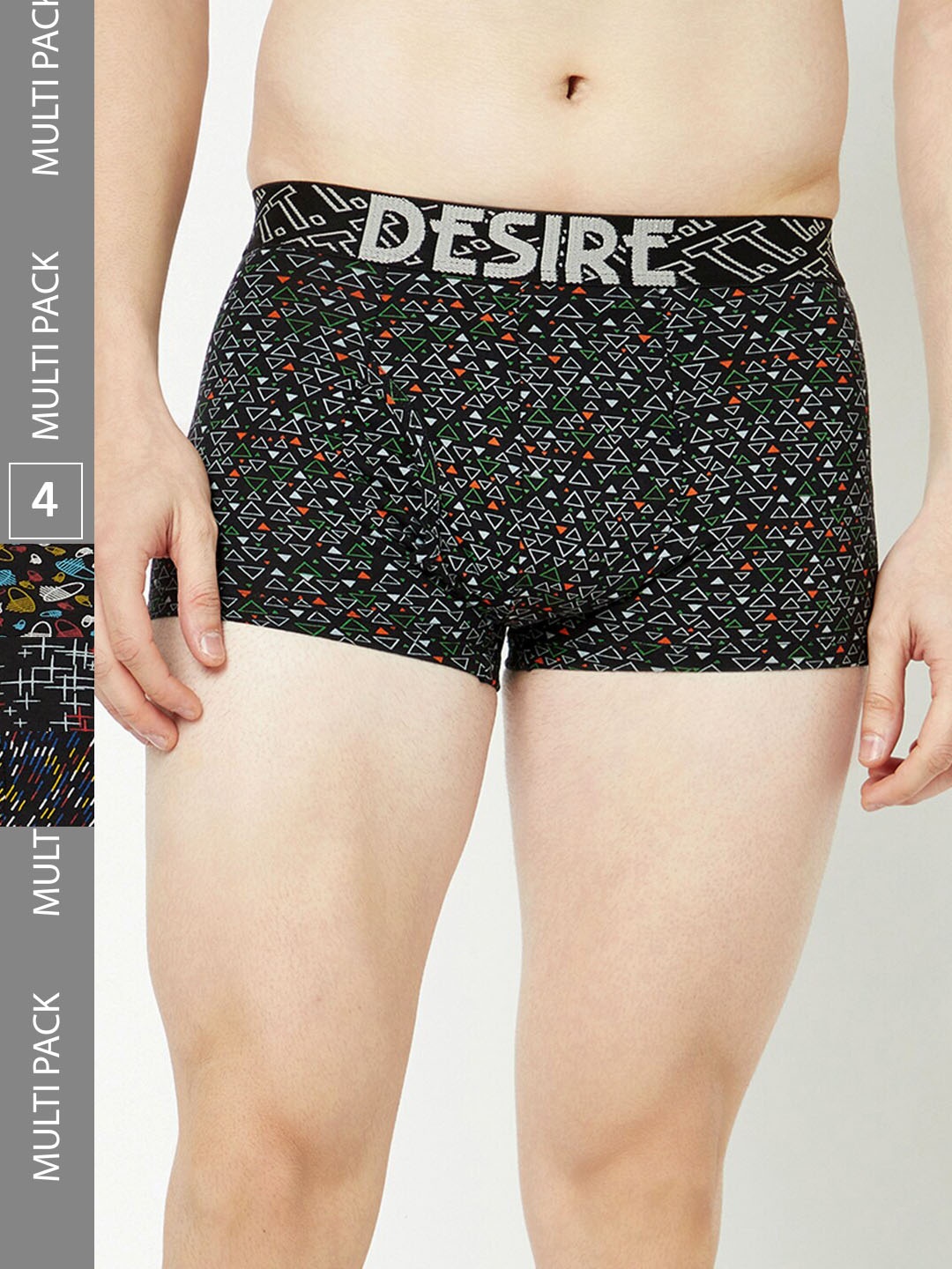 

T.T. Mens Desire 100% Combed Cotton Printed Mini Top Elastic Trunk Pack of 4 Assorted, Black