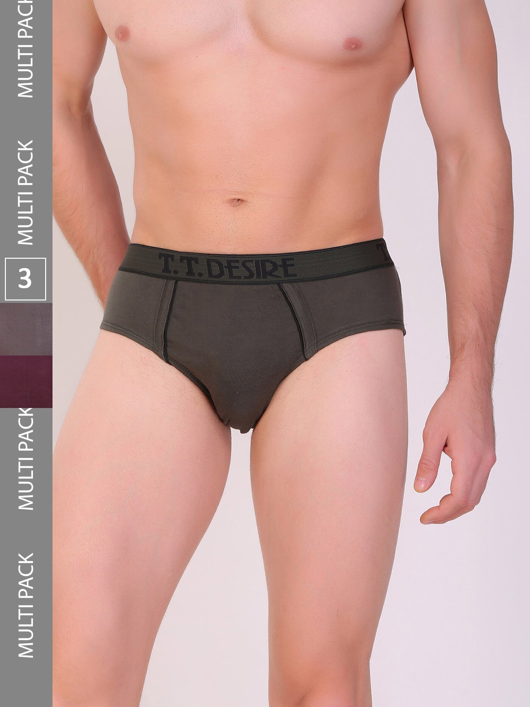 

T.T. Men Pack Of 3 Desire Mid-Rise Pure Cotton Basic Briefs, Olive