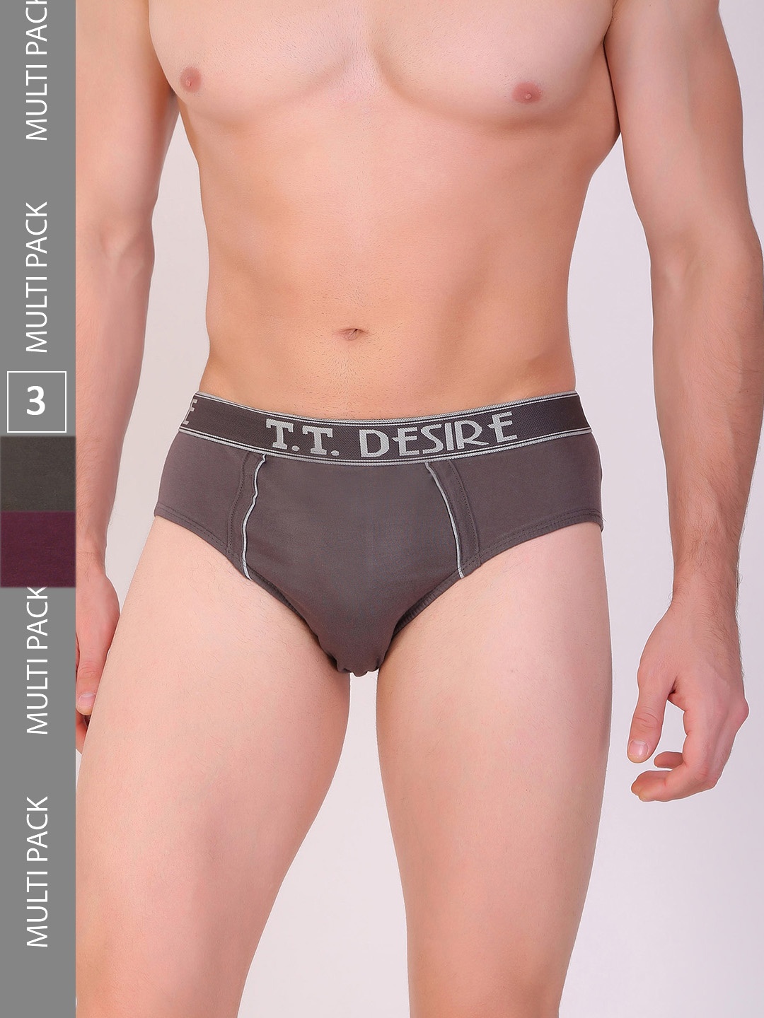 T.T. Men Pack Of 3 Desire Mid-Rise Combed Cotton Basic Briefs, Grey
