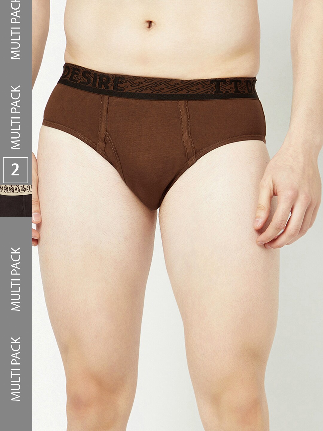 

T.T. Mens Desire 100% Combed Cotton Front Open Brief Top Elastic Pack of 2 Brown & Mustard