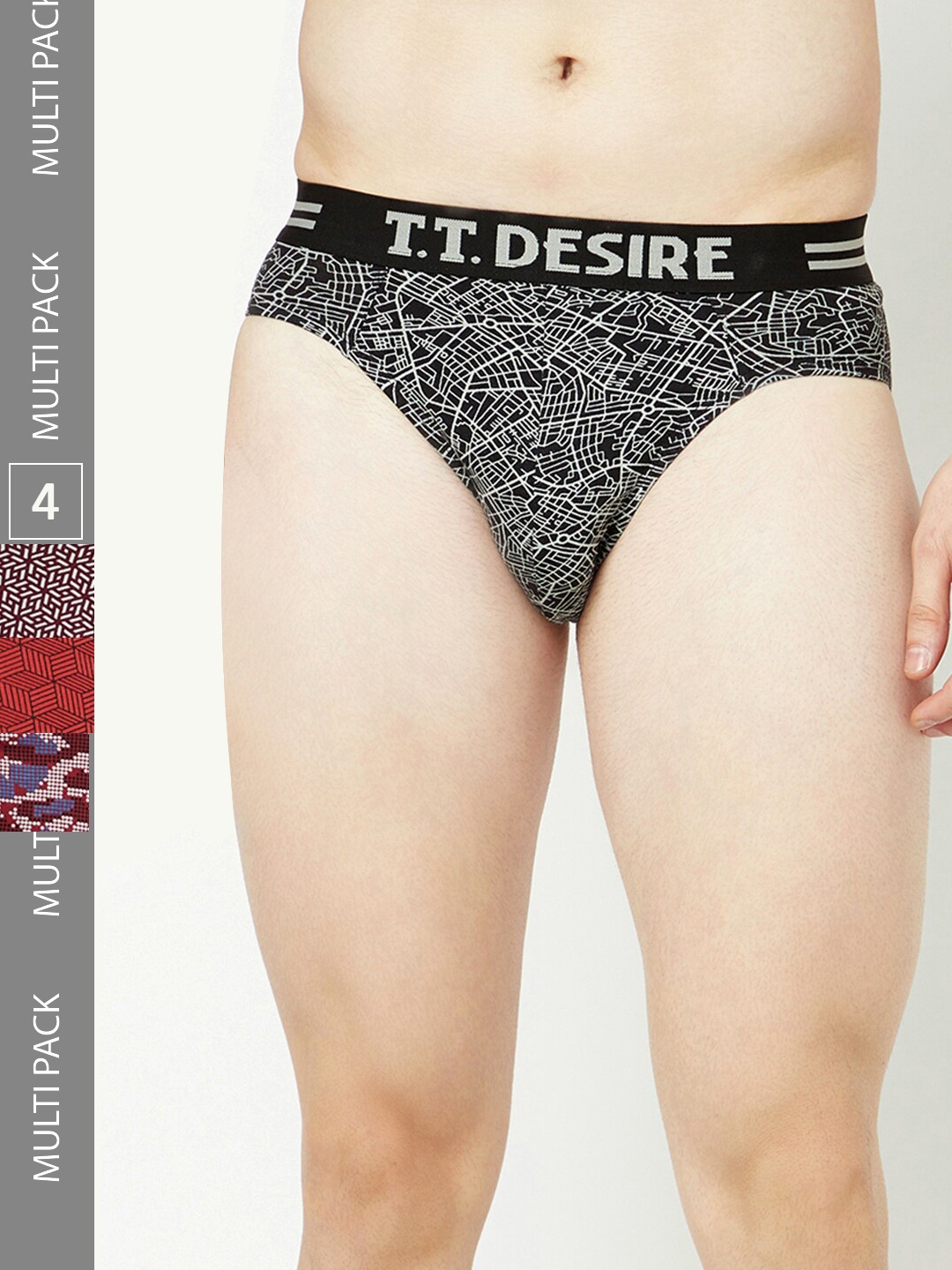 

T.T. Men Pack Of 4 Desire Printed Mid-Rise Pure Cotton Basic Briefs, Black