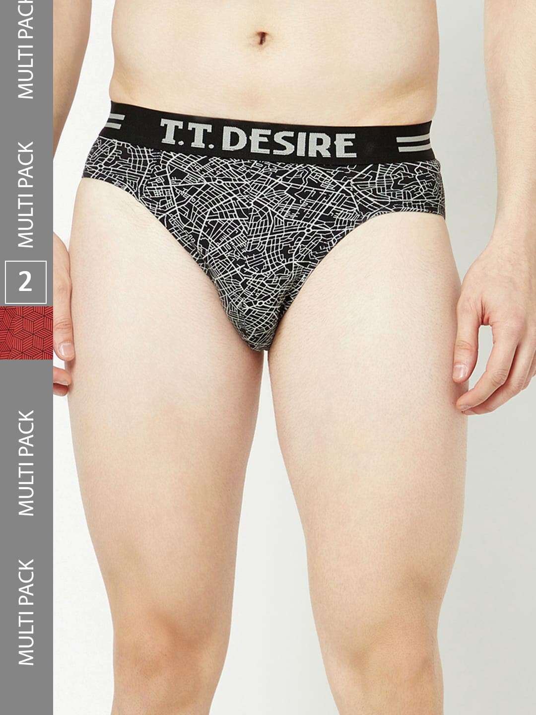 

T.T. Men Pack Of 2 Printed Mid-Rise Pure Cotton Basic Briefs, Black