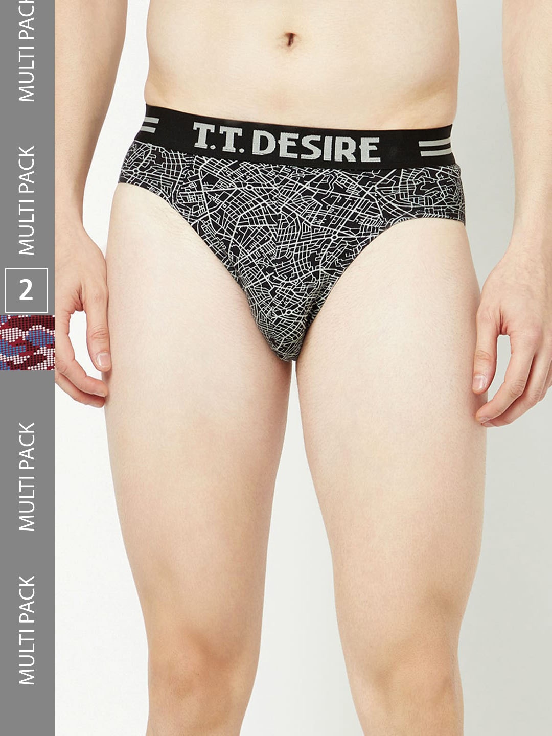 

T.T. Men Pack Of 2 Desire Printed Mid-Rise Pure Cotton Basic Briefs, Black