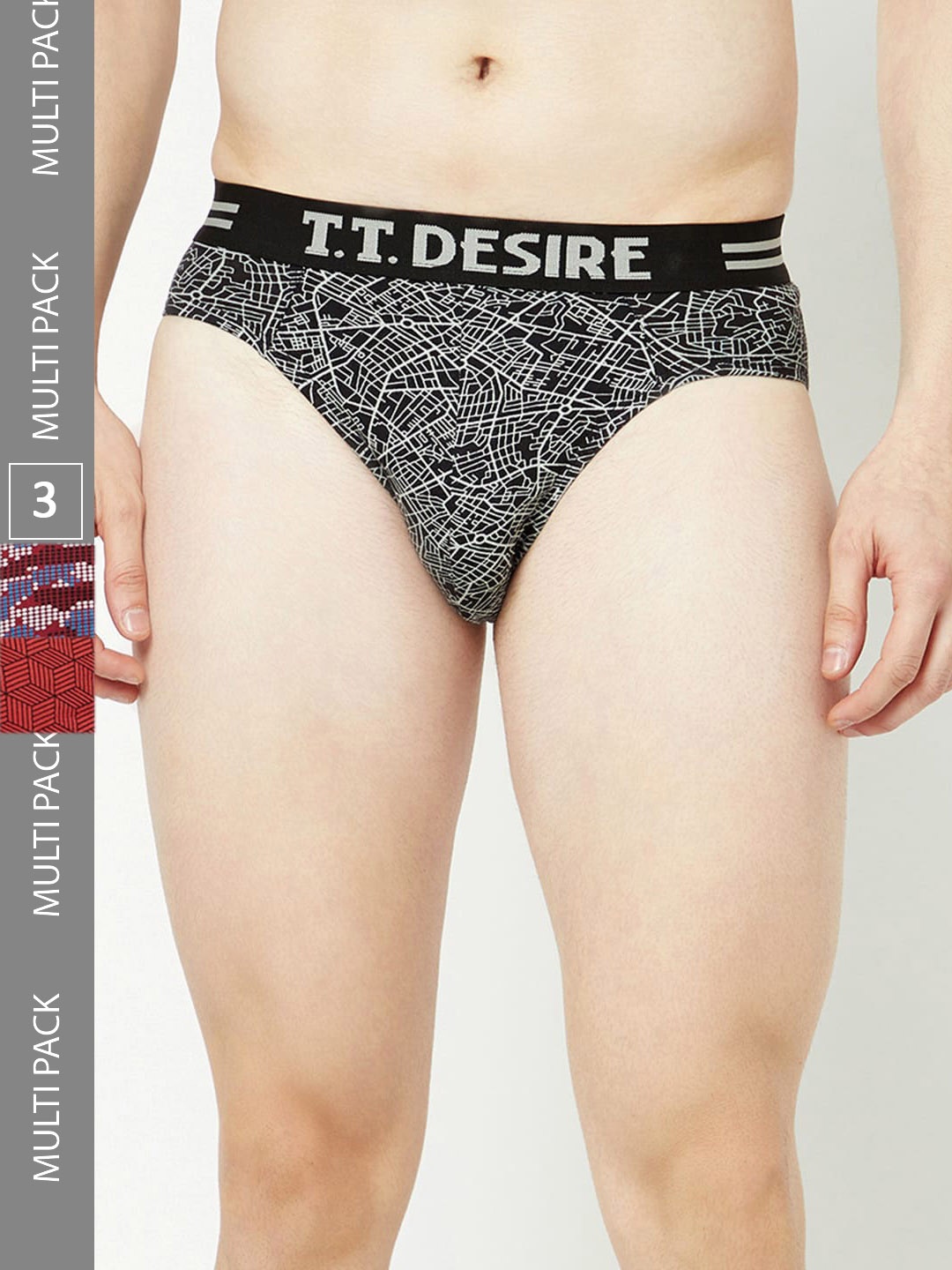 

T.T. Men Pack Of 3 Desire Printed Mid-Rise Pure Cotton Basic Briefs, Black