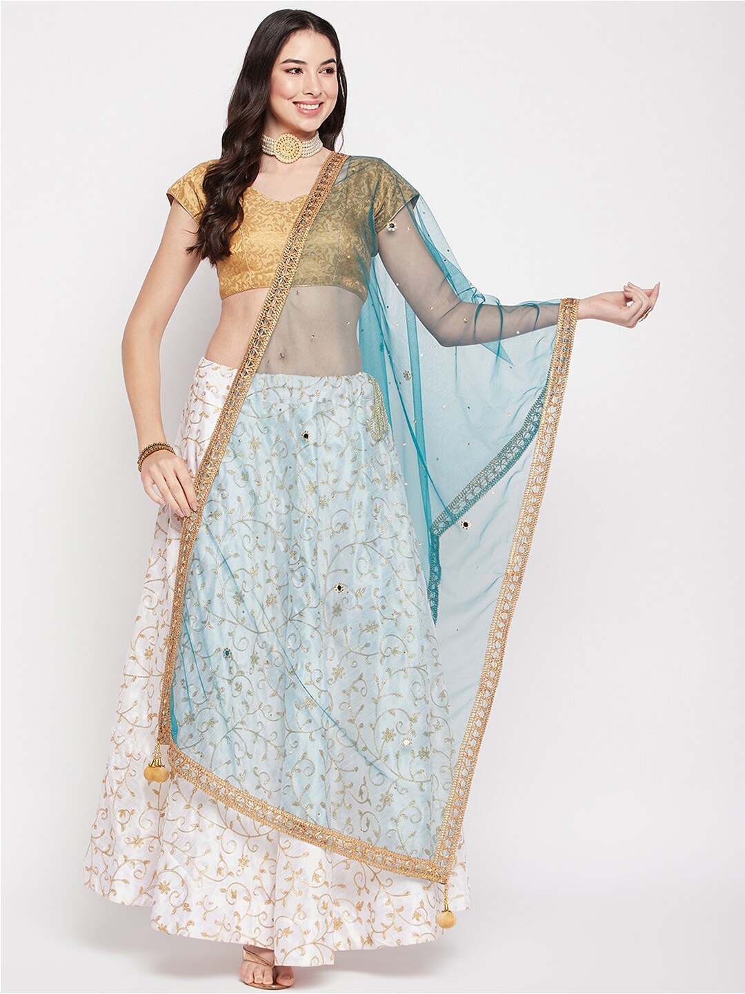 

Clora Creation Sequinned Tasselled Border Dupatta, Blue