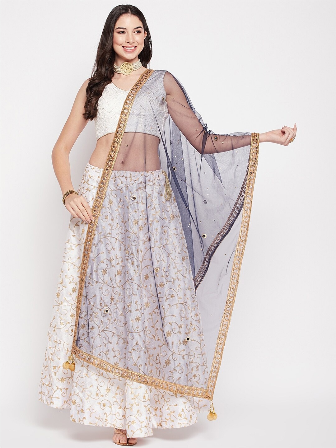

Clora Creation Sequinned Tasselled Border Dupatta, Navy blue
