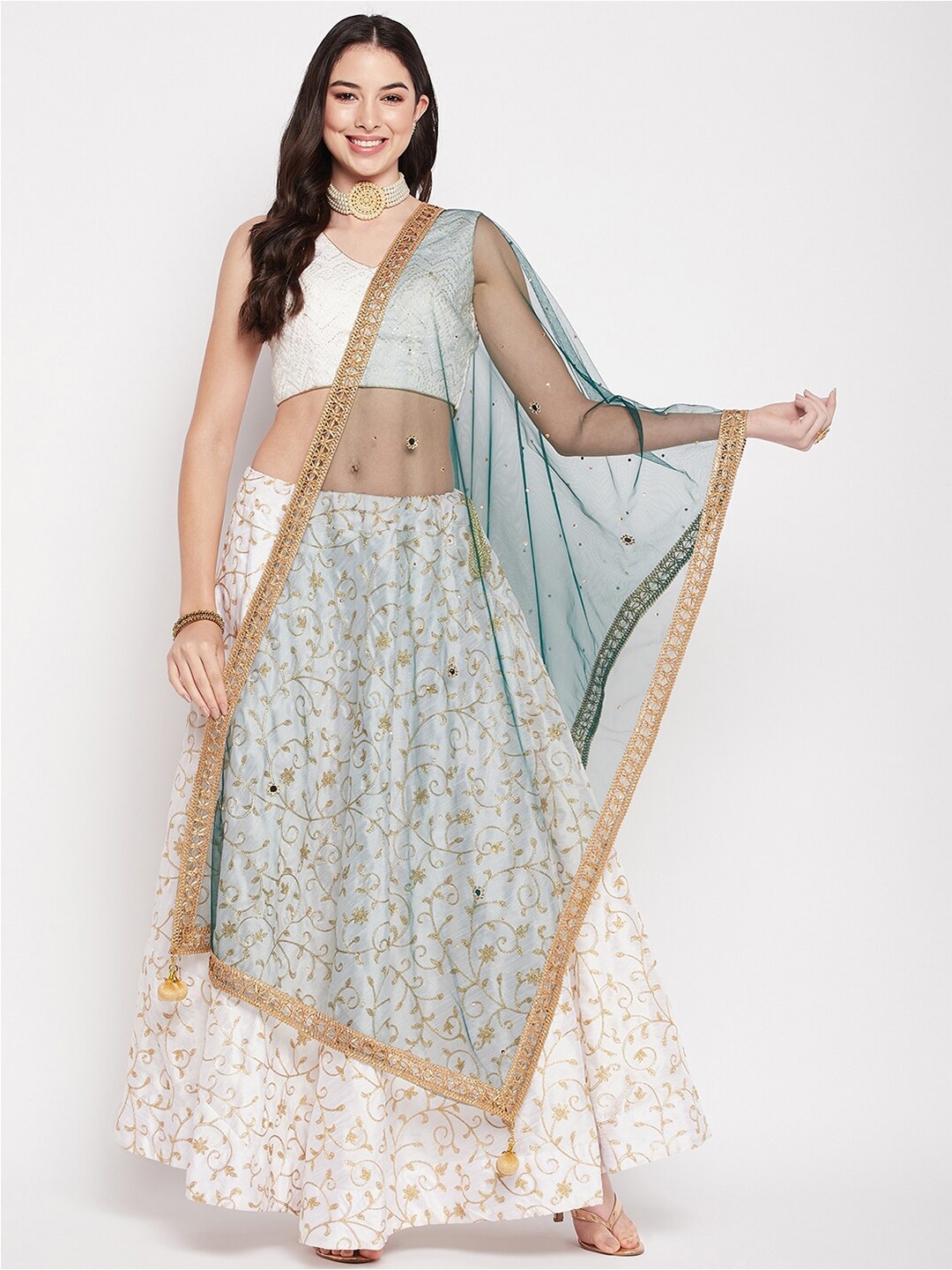 

Clora Creation Sequinned Tasselled Border Dupatta, Green