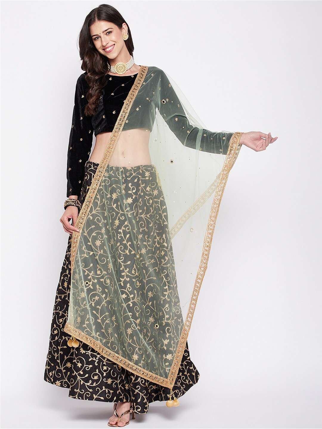 

Clora Creation Sequinned Tasselled Border Dupatta, Green