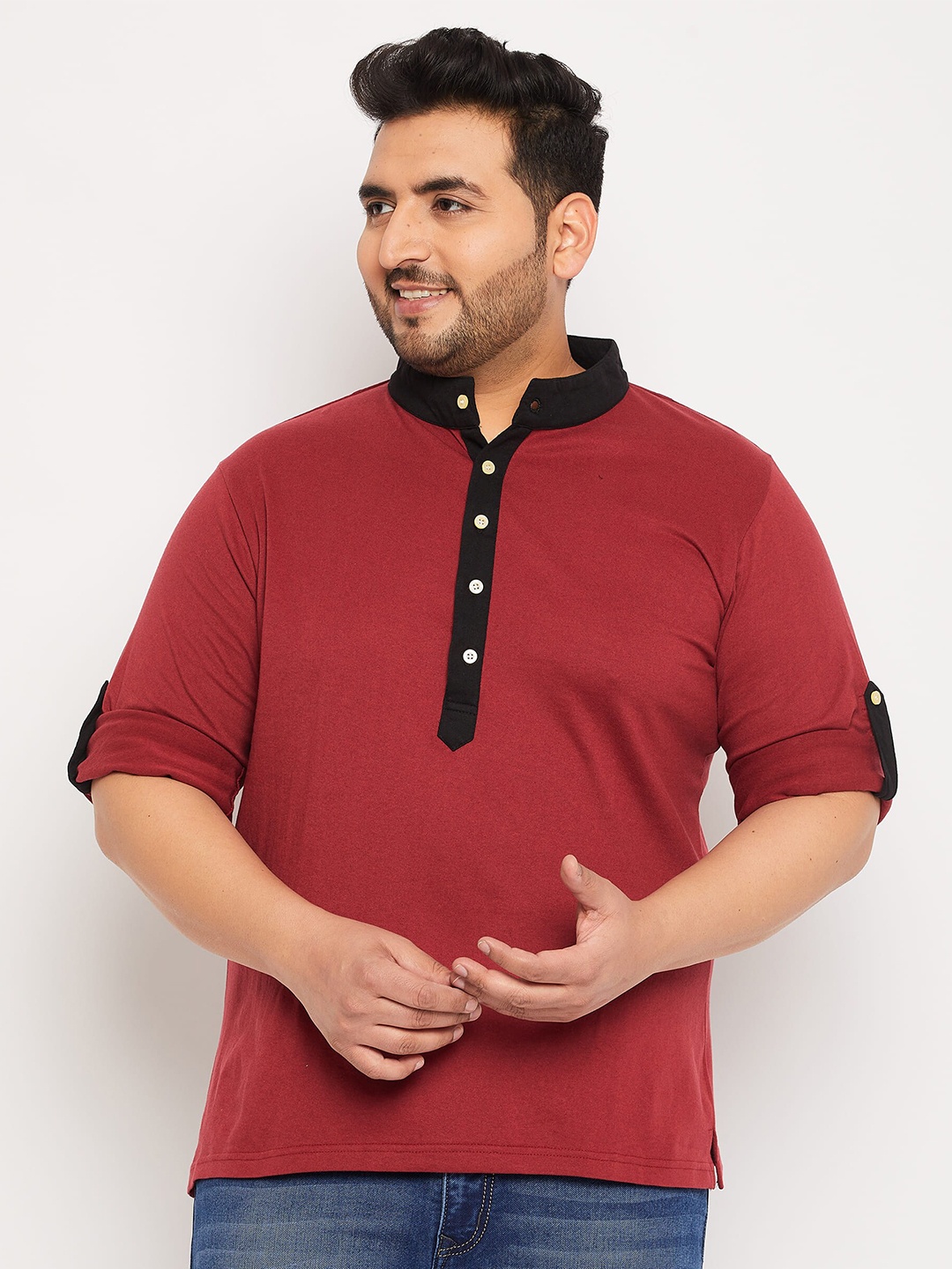 

bigbanana Plus Size Band Collar Long Sleeves Bio Finish Pure Cotton T-shirt, Maroon