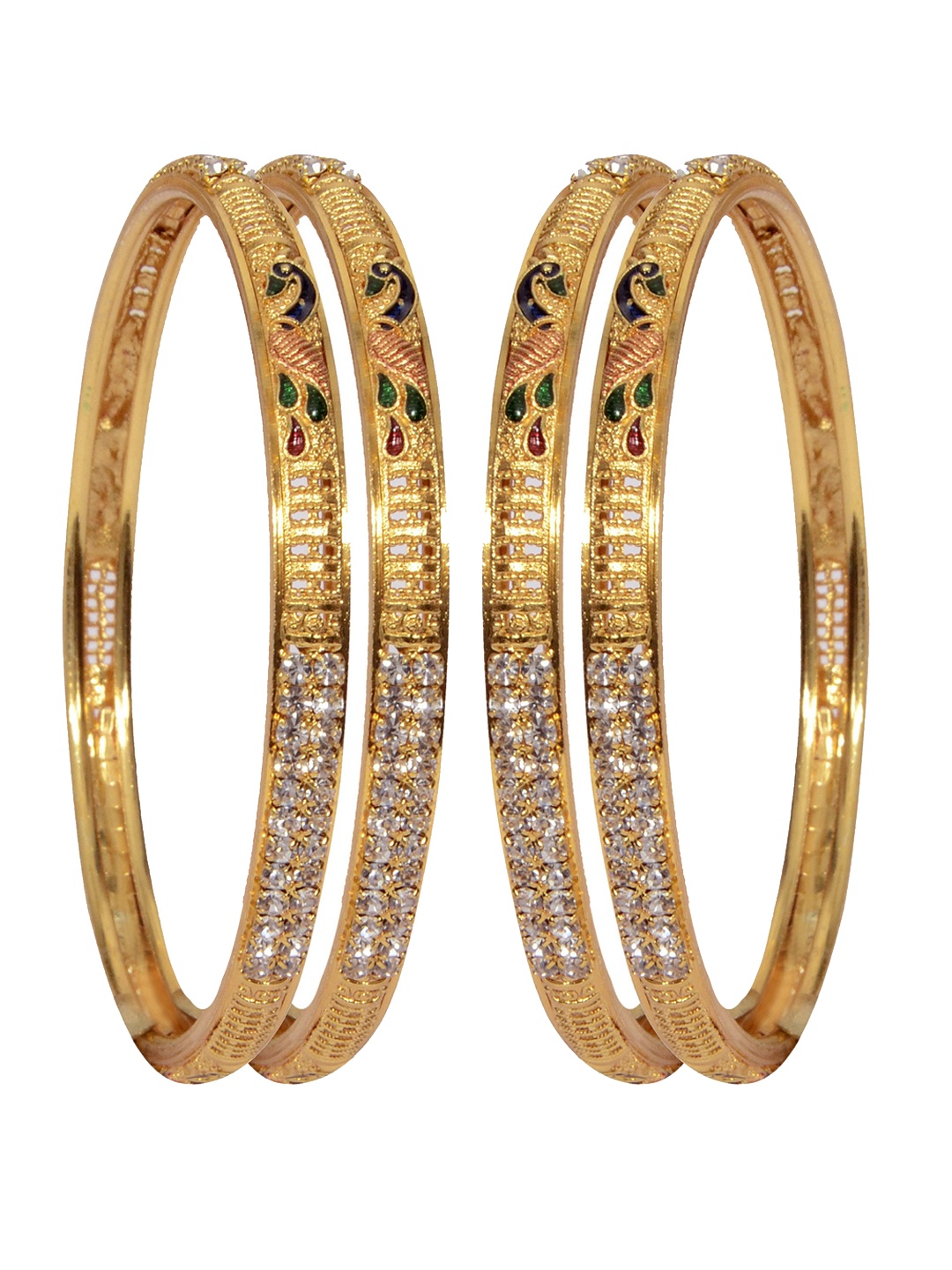 

MANSIYAORANGE Set Of 4 Gold-Plated Stone-Studded Meenakari Detailed Brass Bangles