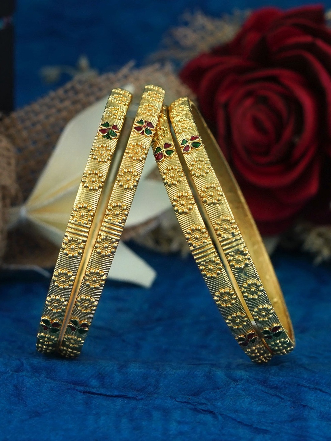 

MANSIYAORANGE Set Of 4 Gold-Plated & Stone-Studded Floral Bangles
