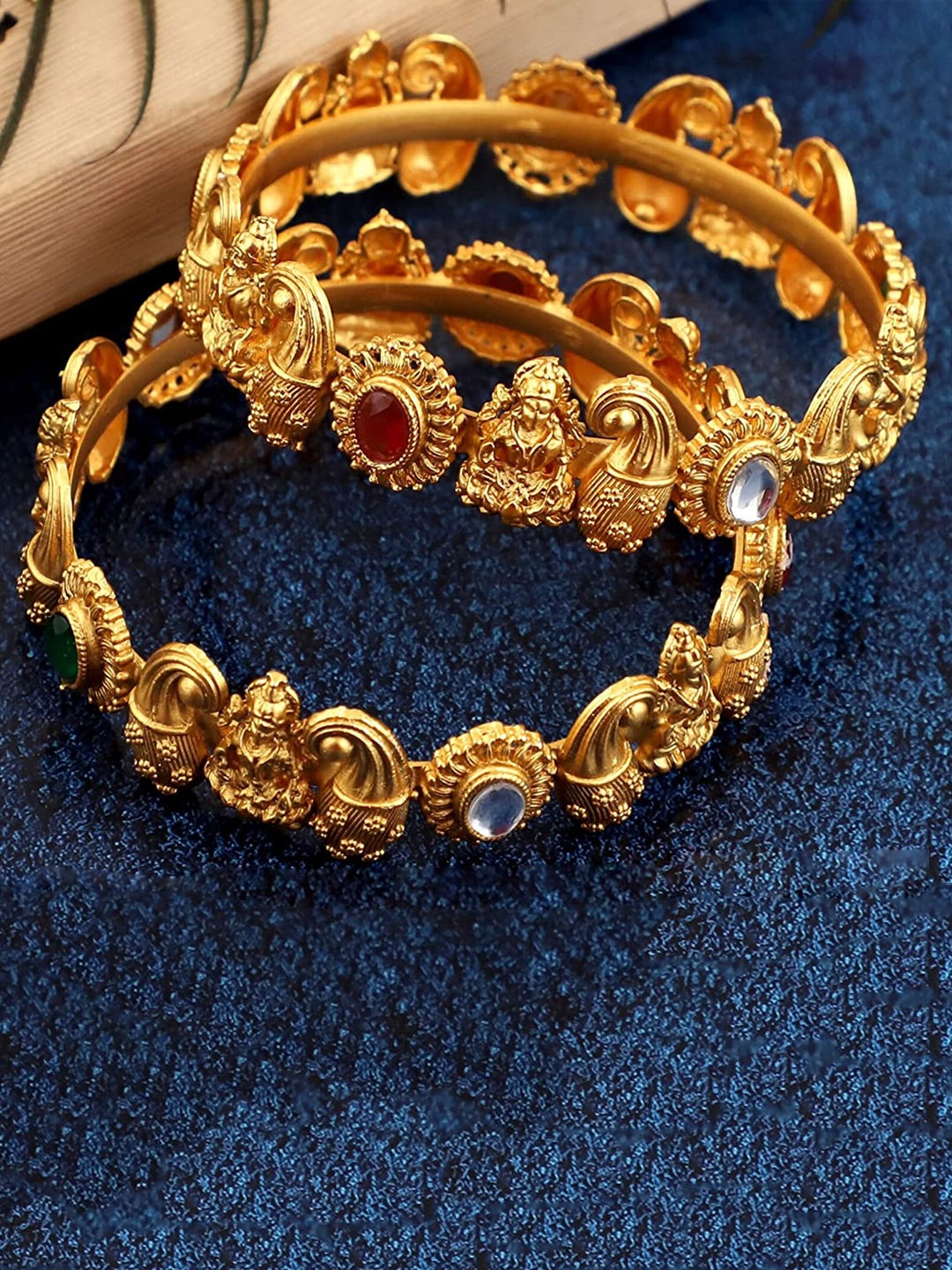 

MANSIYAORANGE Set Of 2 Gold-Plated Stone-Studded Lakshmi Motif Temple Theme Bangles, Green