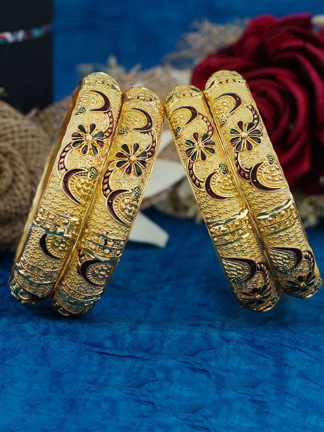 

MANSIYAORANGE Set Of 4 Gold-Plated Floral Meenakari Designed Brass Bangles