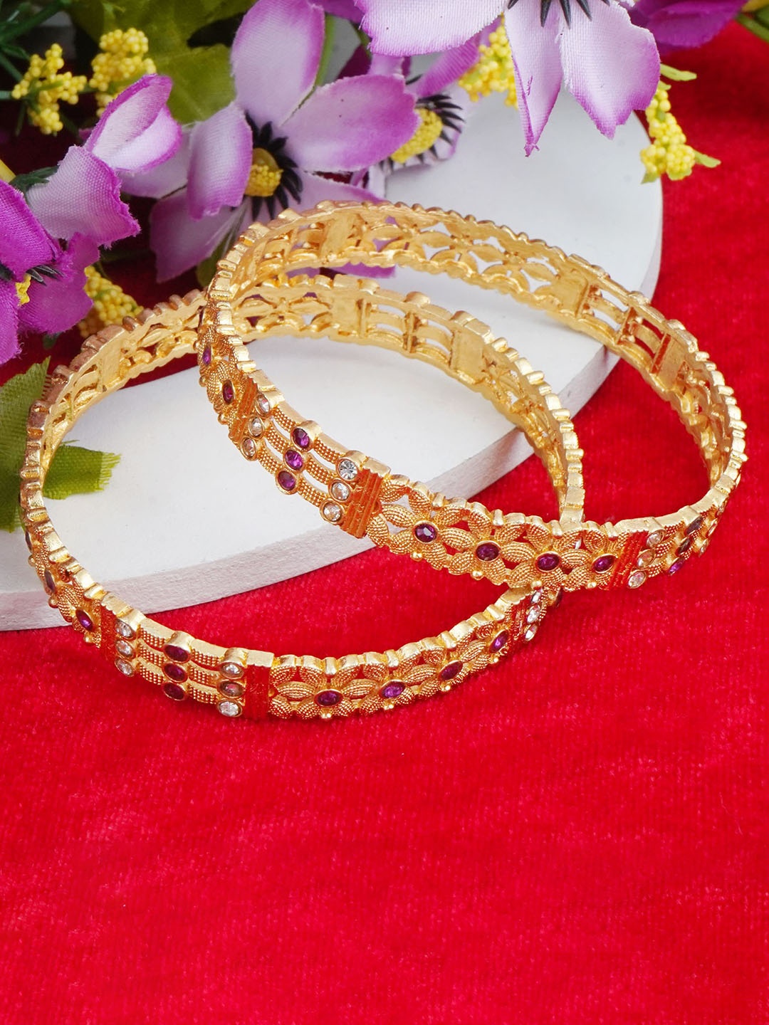 

MANSIYAORANGE Set Of 2 Gold-Plated AD-Studded With Work Bangles