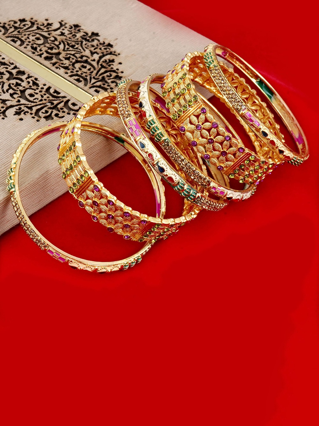 

MANSIYAORANGE Set Of 6 Gold-Plated AD-Studded Bangles
