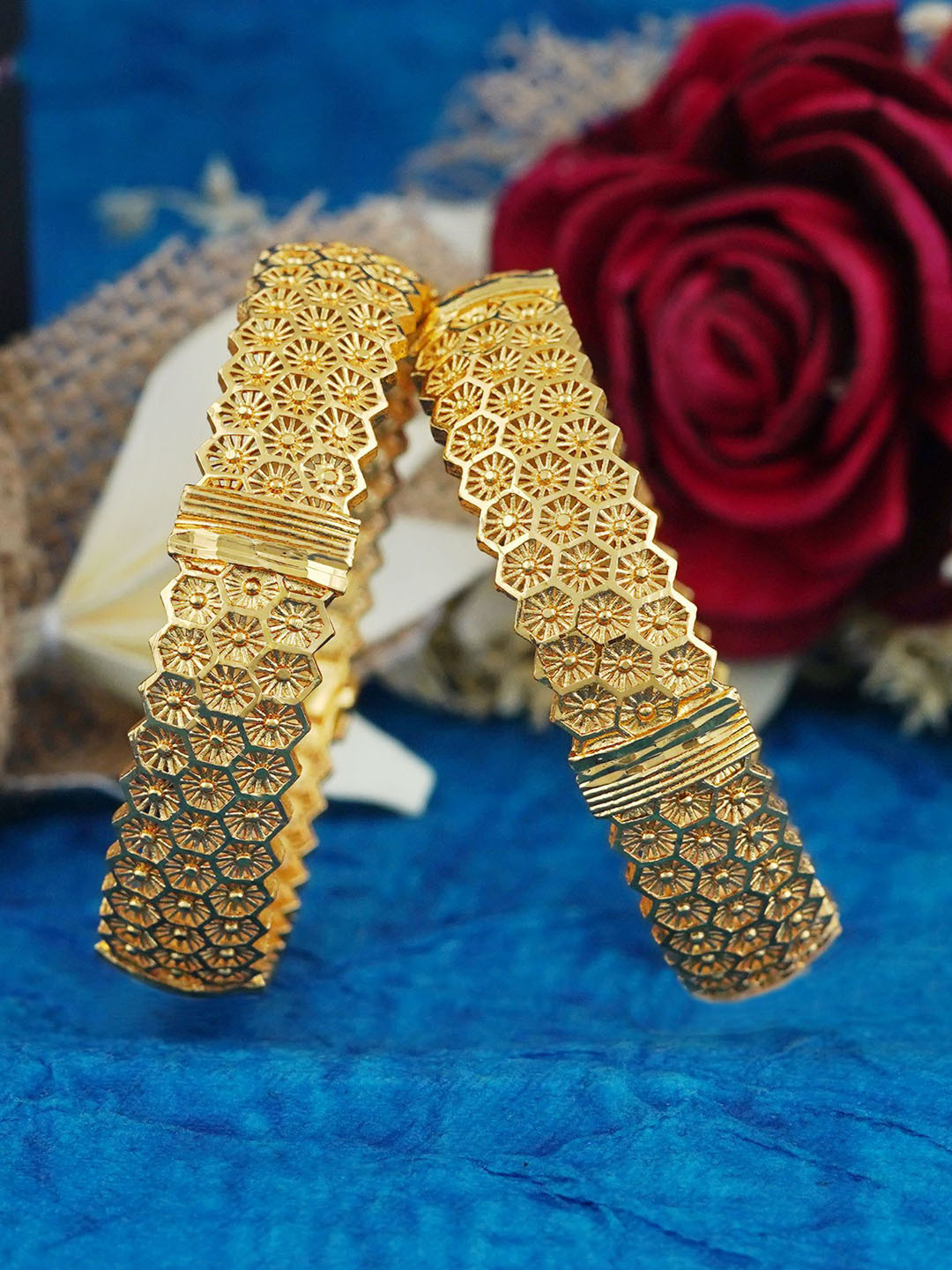 

MANSIYAORANGE Set Of 2 Gold-Plated & 3D Floral Bangles