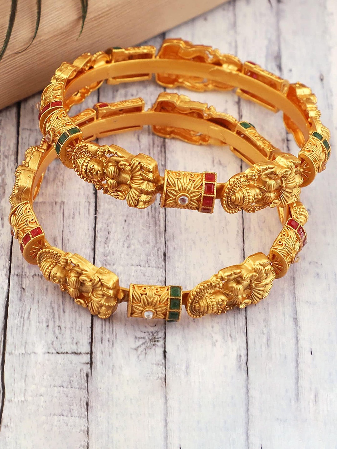 

MANSIYAORANGE Set Of 2 Gold-Plated Stone-Studded Lakshmi Motif Temple Theme Bangles, Multi
