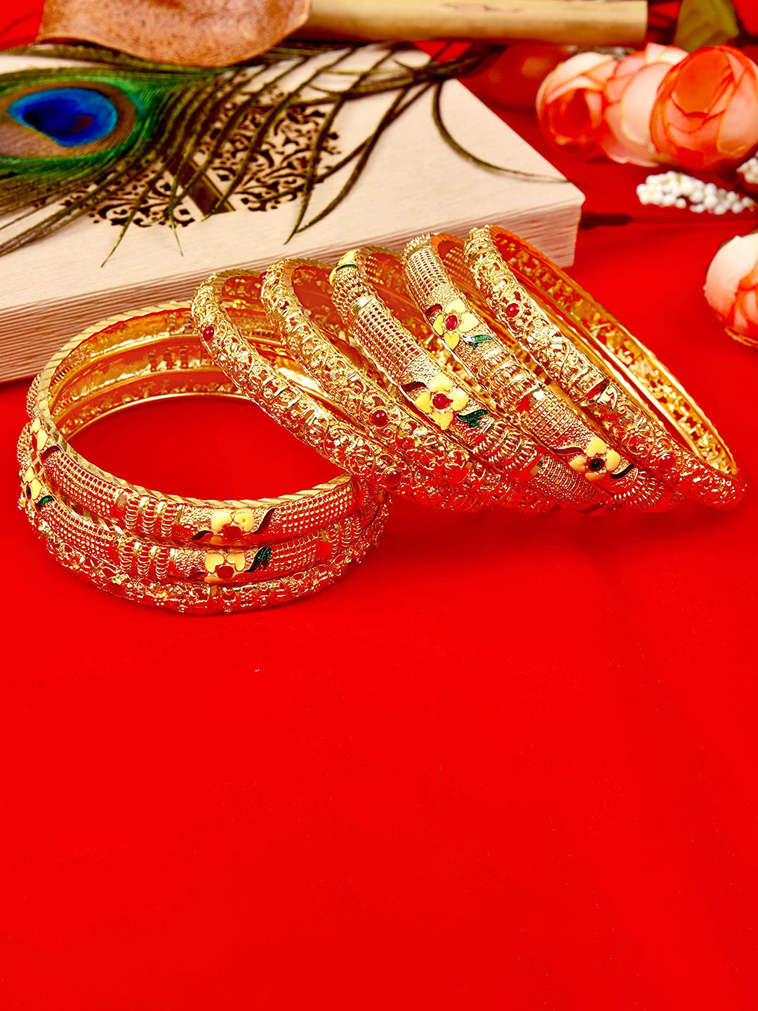

MANSIYAORANGE Set Of 8 Gold-Plated Stone-Studded Enameled Bangles