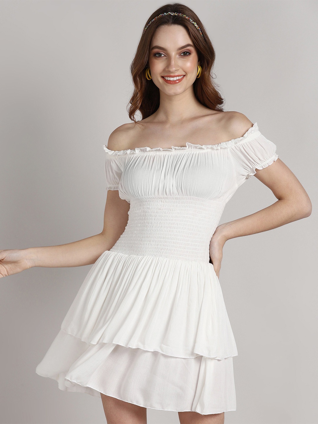 

Gaurgeous Off-Shoulder Smocked Fit & Flare Dress, Off white