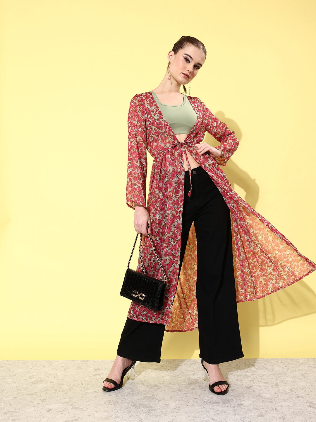

ANVI Be Yourself Women Printed Longline Tie-Up Shrug, Pink