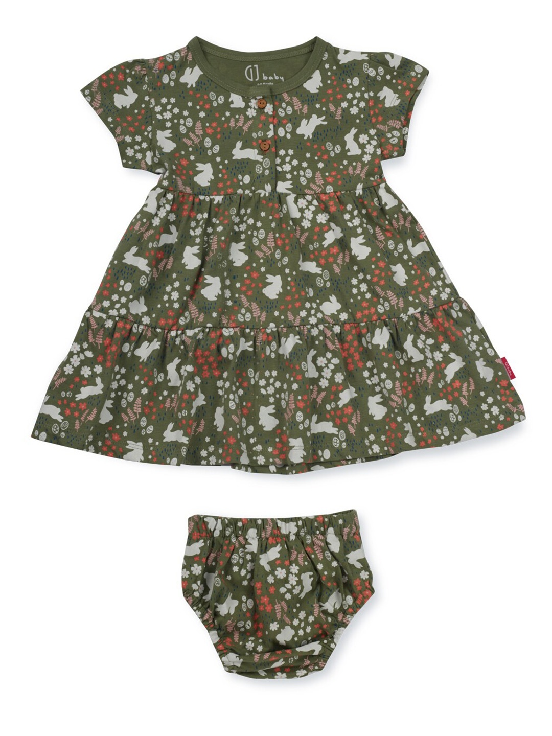 

Gini and Jony Infant Girls Floral Printed Tiered Cotton A-Line Dress With Brief, Olive