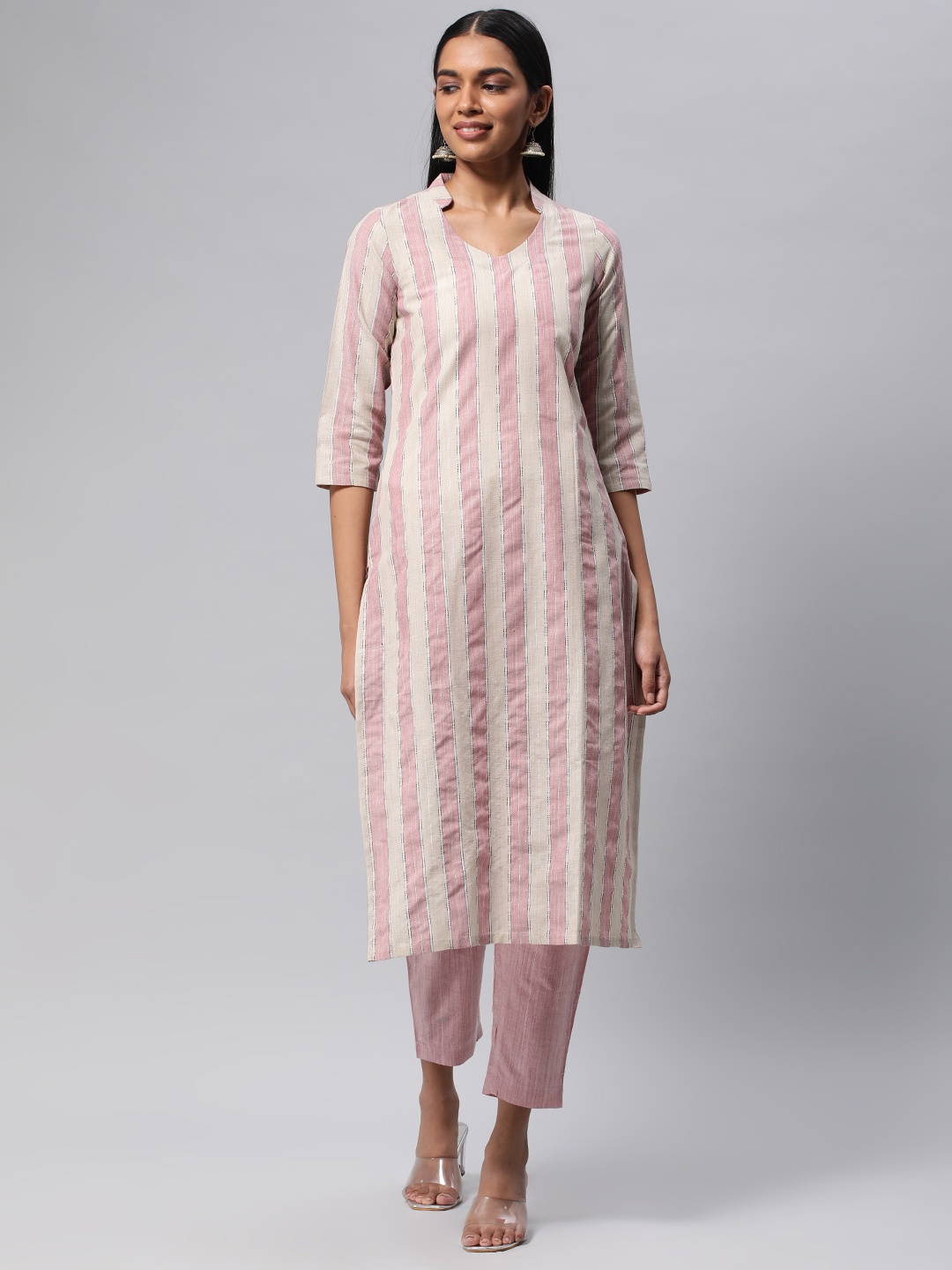 

KALINI Women Striped Pure Cotton Kurta with Trousers, Beige