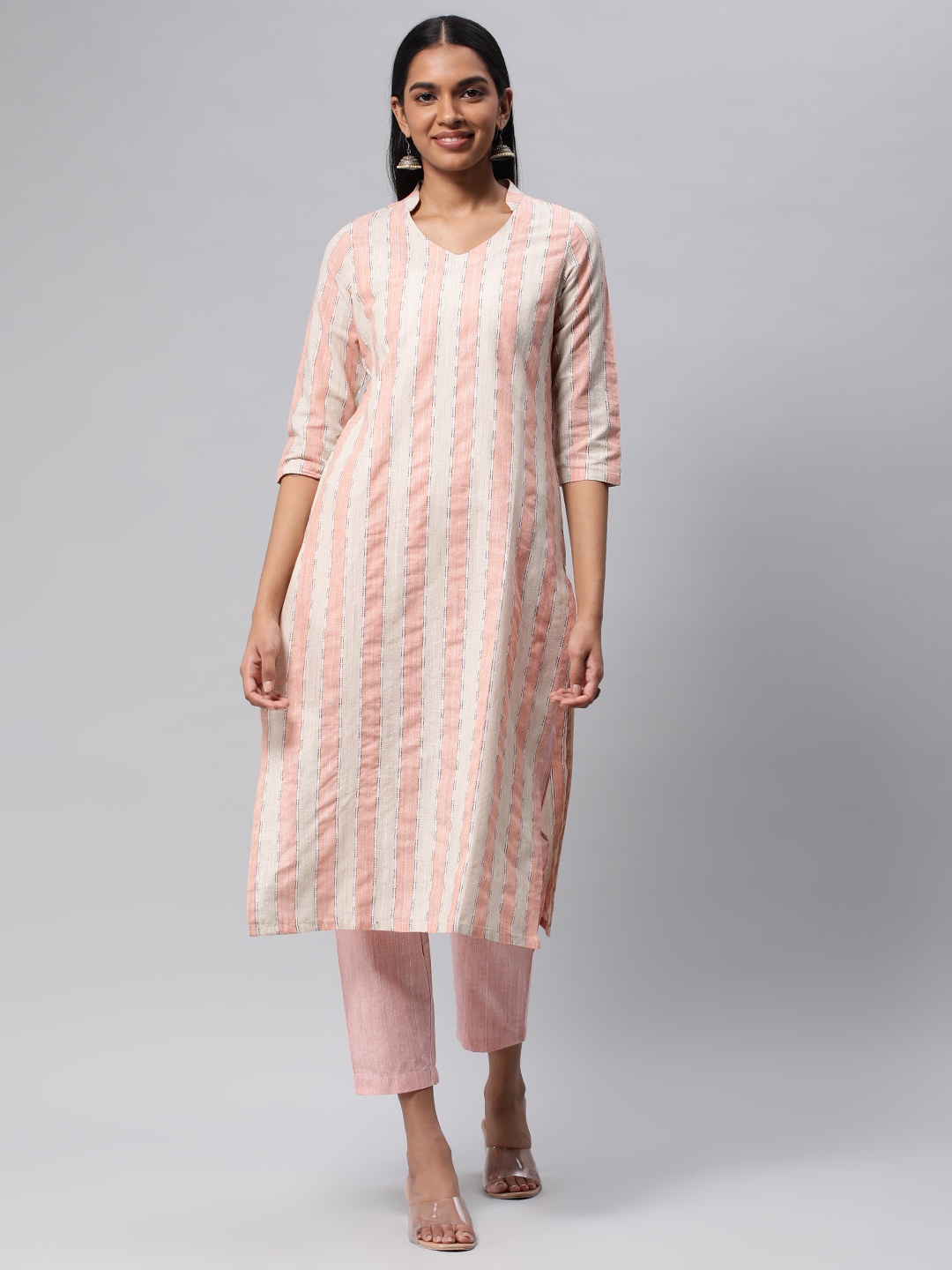 

KALINI Women Striped Pure Cotton Kurta with Trousers, Beige