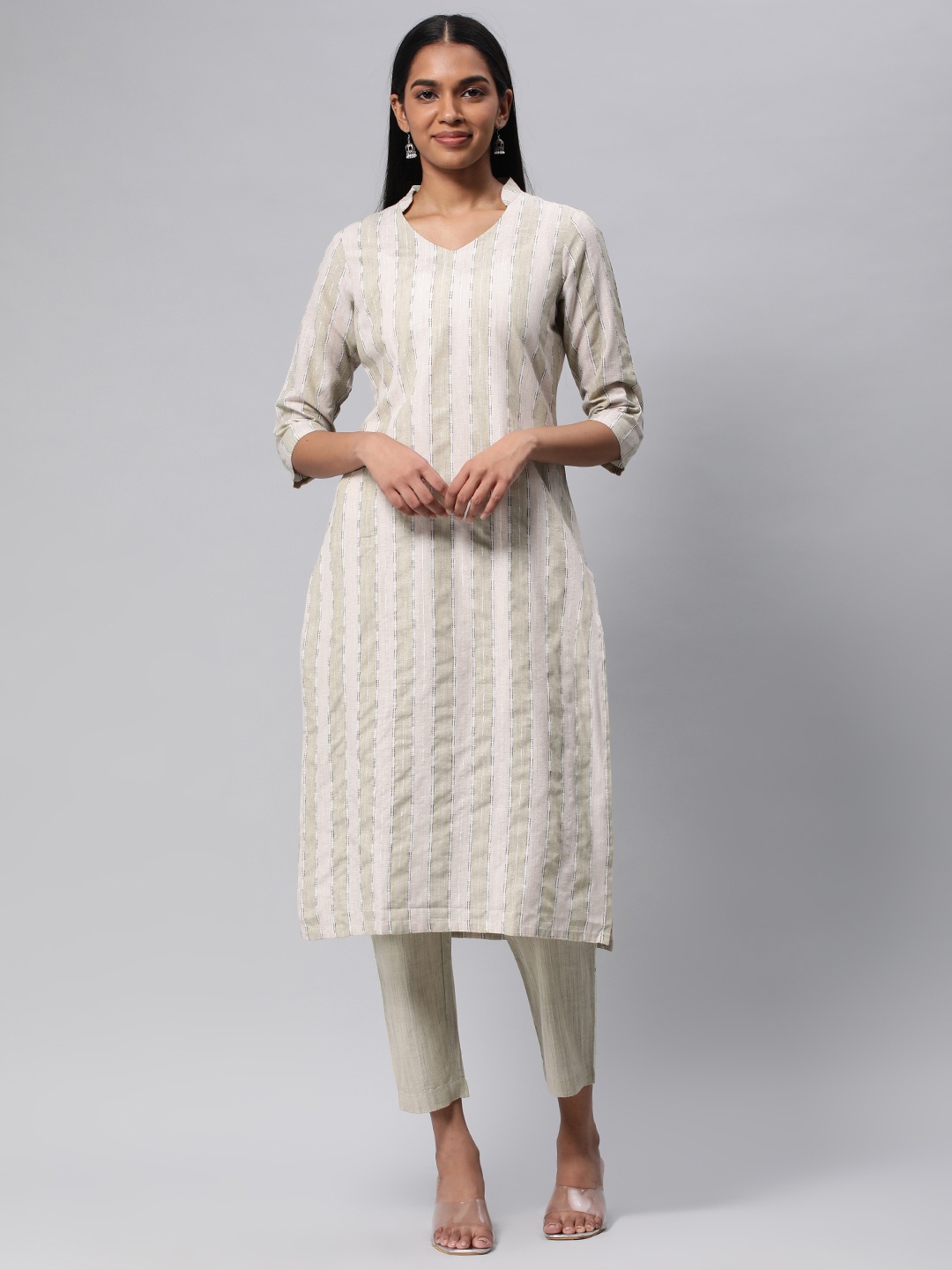 

KALINI Women Striped Pure Cotton Kurta with Trousers, Beige