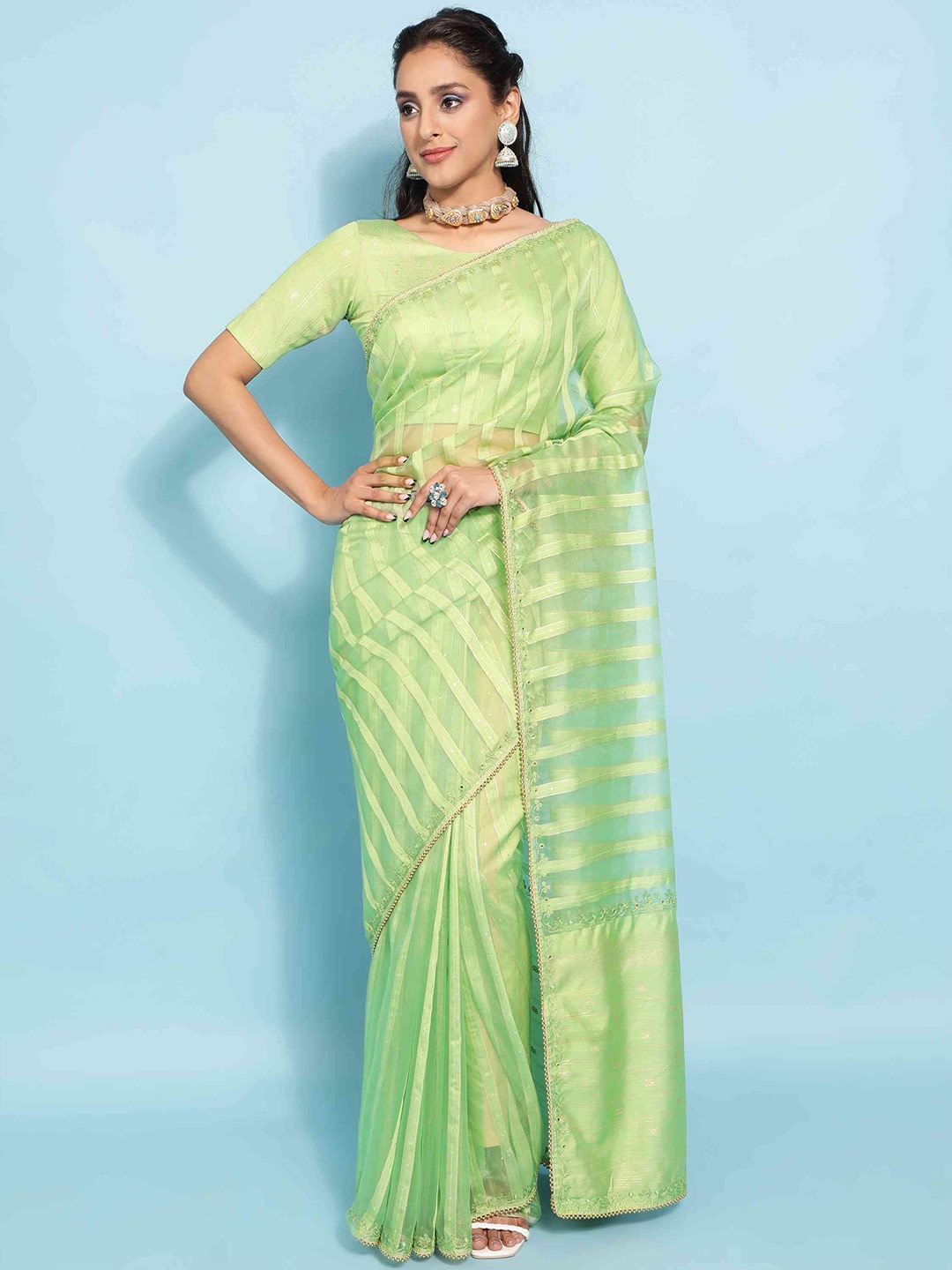 

elora Striped Bhagalpuri Saree, Green