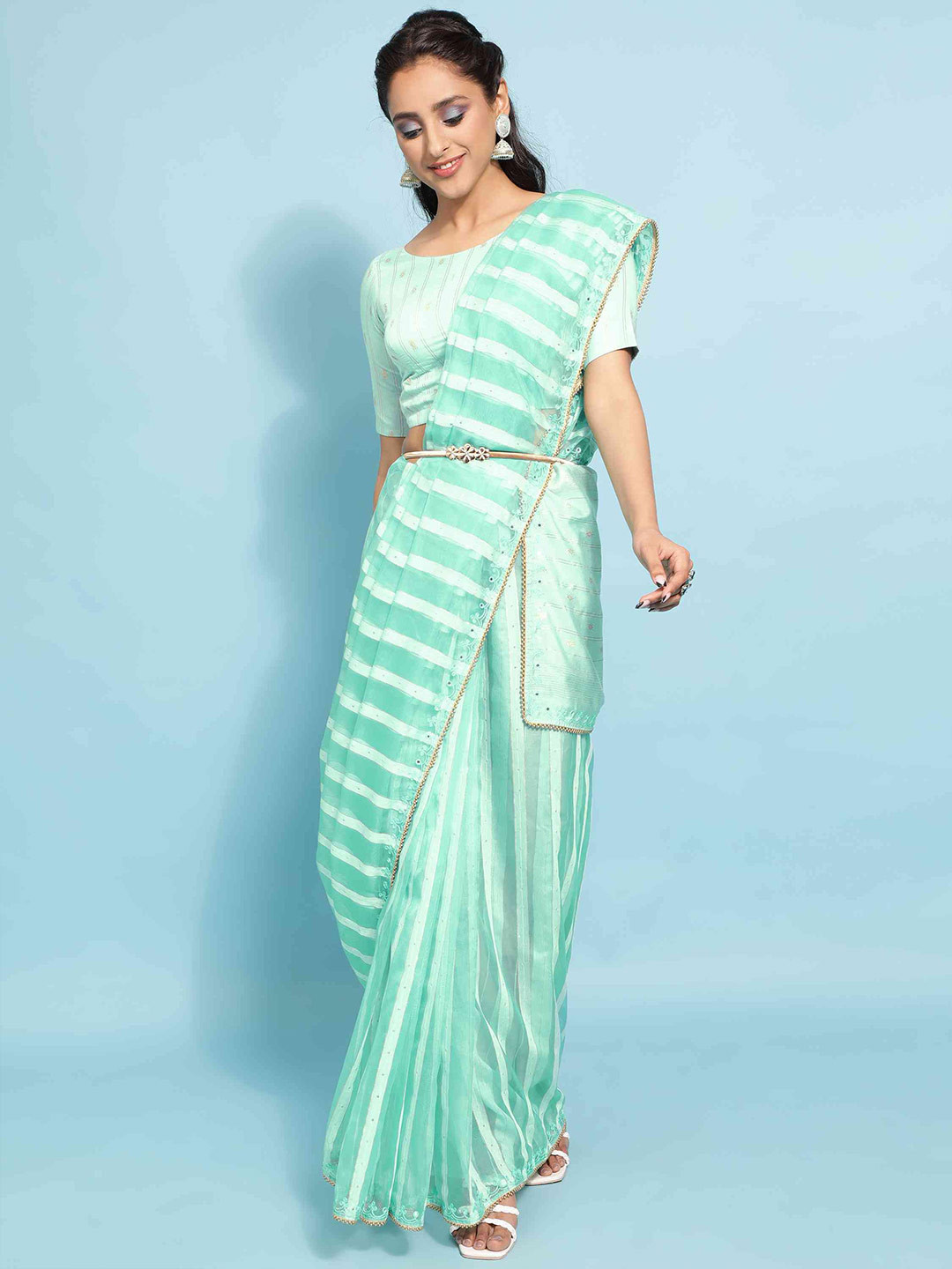 

elora Striped Bhagalpuri Saree, Turquoise blue
