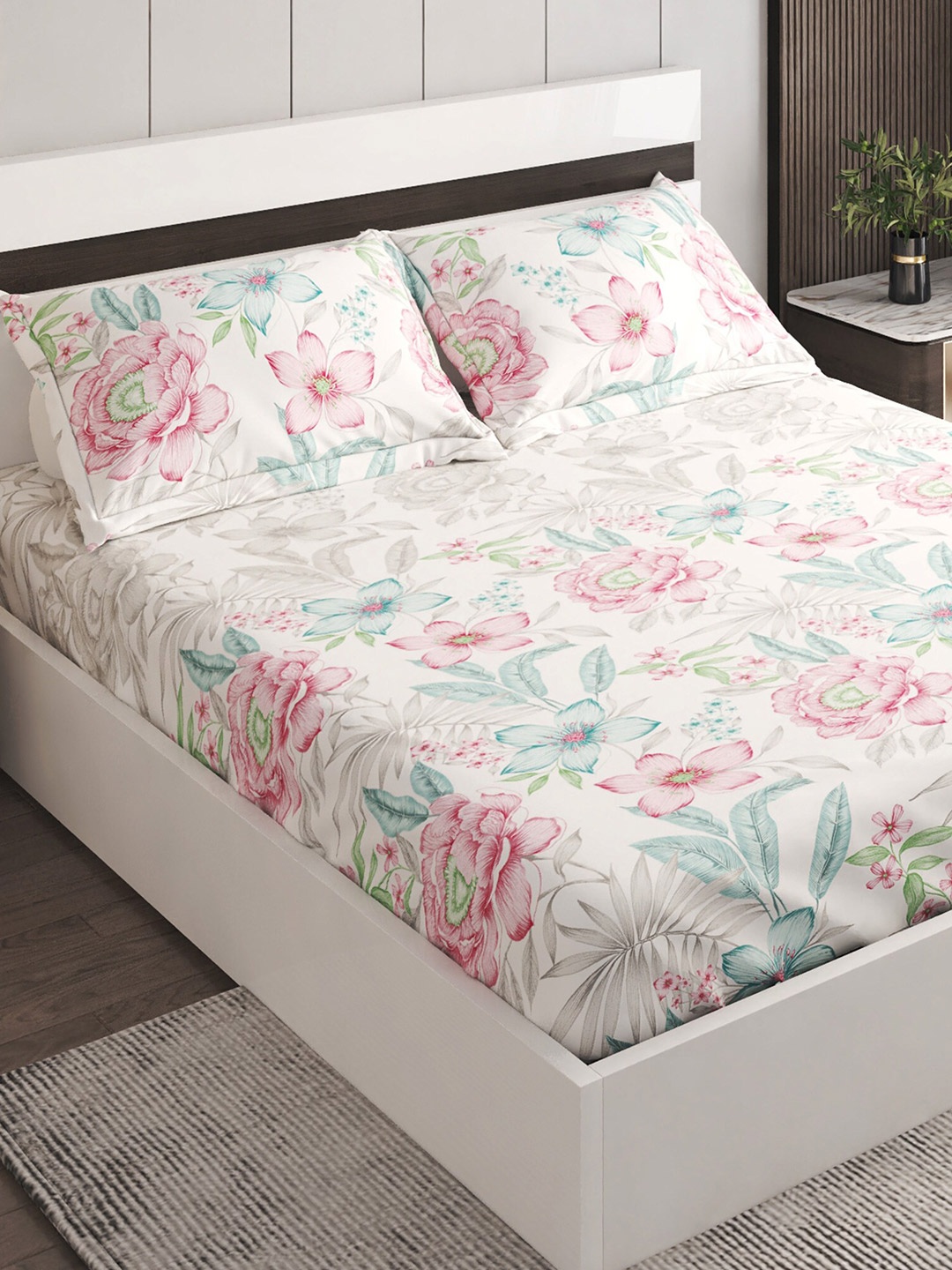 

Home Centre White & Pink Floral 144 TC 3 Pieces King Bedsheet With 2 Pillow Covers