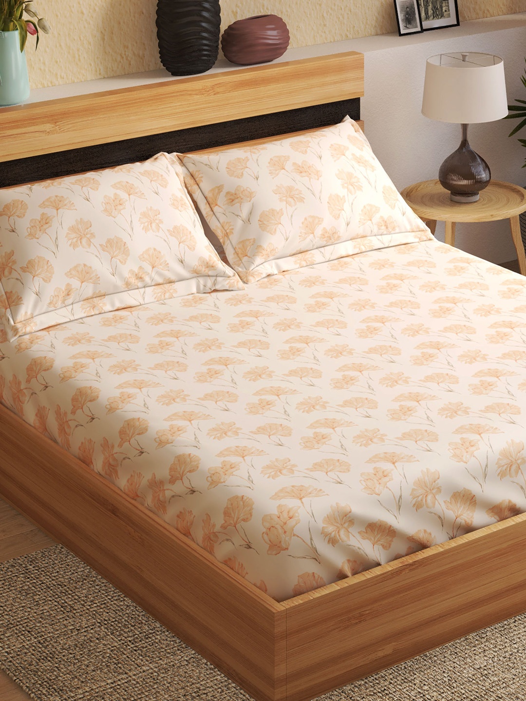 

Home Centre Coral & Peach-Coloured Floral 144 TC Cotton King Bedsheet With 2 Pillow Covers