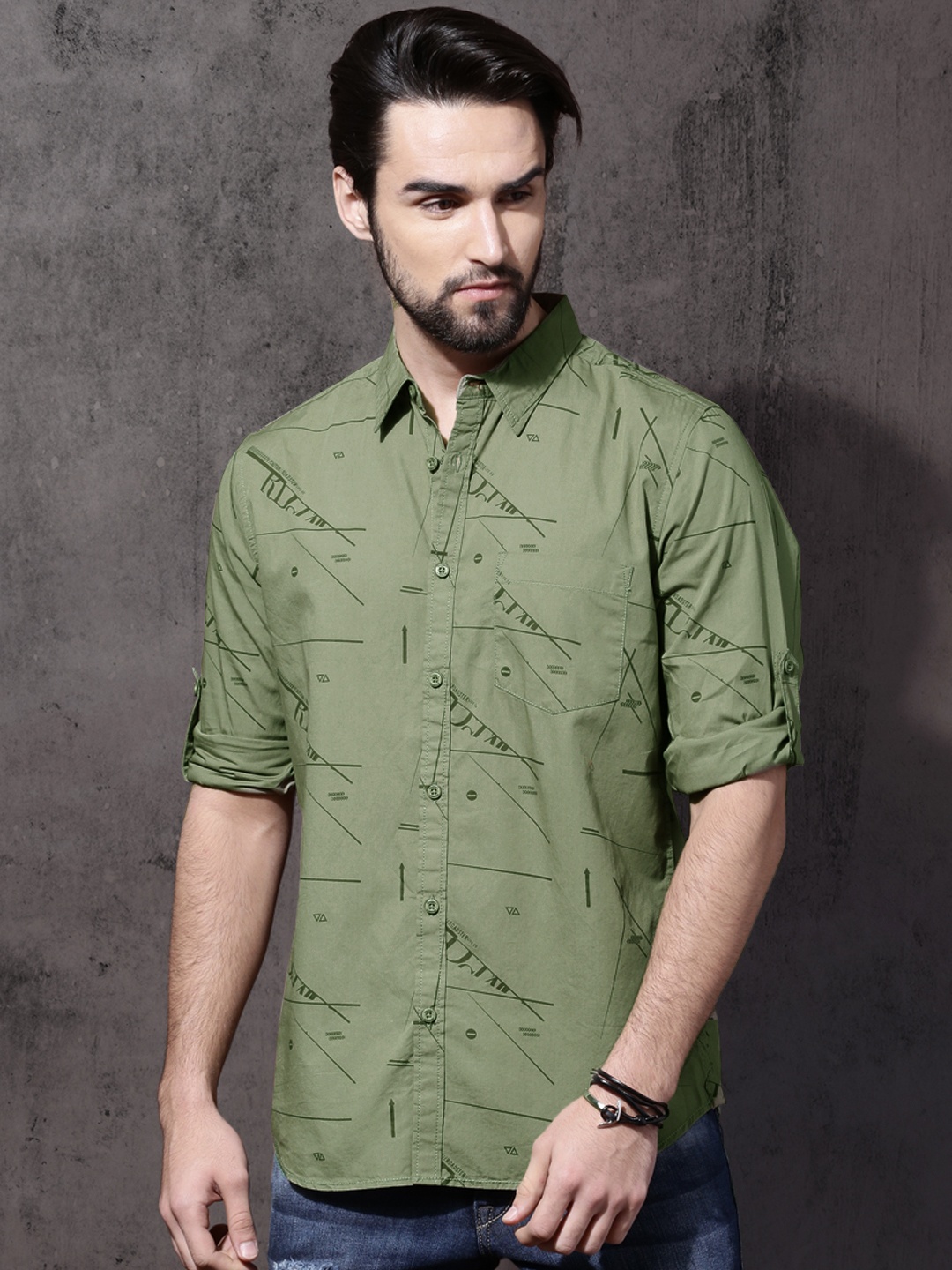Roadster Men Green Regular Fit Cotton Printed Casual Shirt