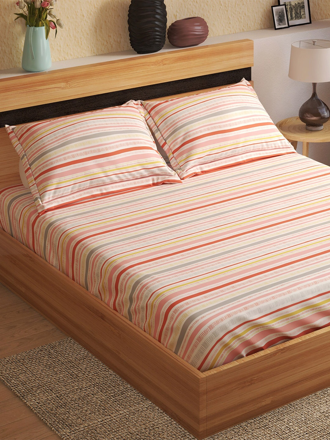 

Home Centre Peach-Coloured & Red Striped 144 TC King Bedsheet With 2 Pillow Covers