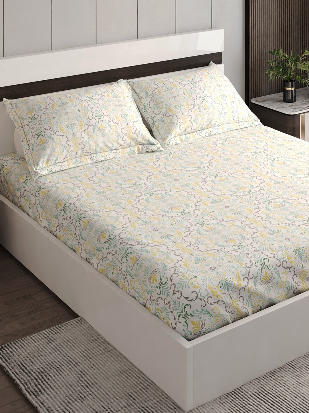 

Home Centre Teal & White Printed Cotton 144 TC 3 Pcs King Bedsheet With 2 Pillow Covers