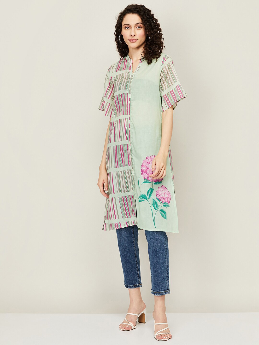 

Colour Me by Melange Printed Mandarin Collar Pure Cotton Tunic, Grey