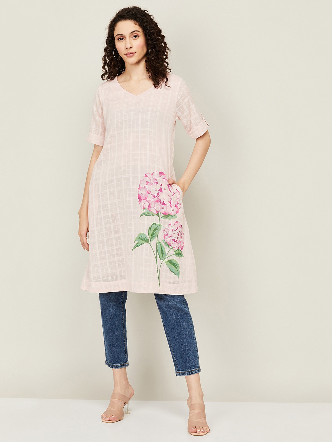 

Colour Me by Melange Checked Printed V-Neck Pure Cotton Tunic, Pink