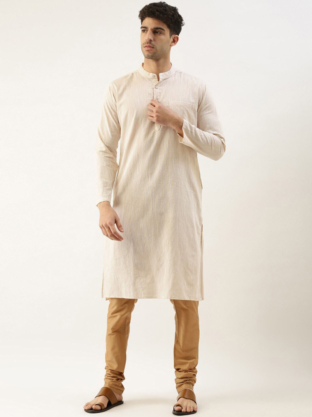 

WHITE HEART Band Collar Pure Cotton Straight Kurta, Khaki