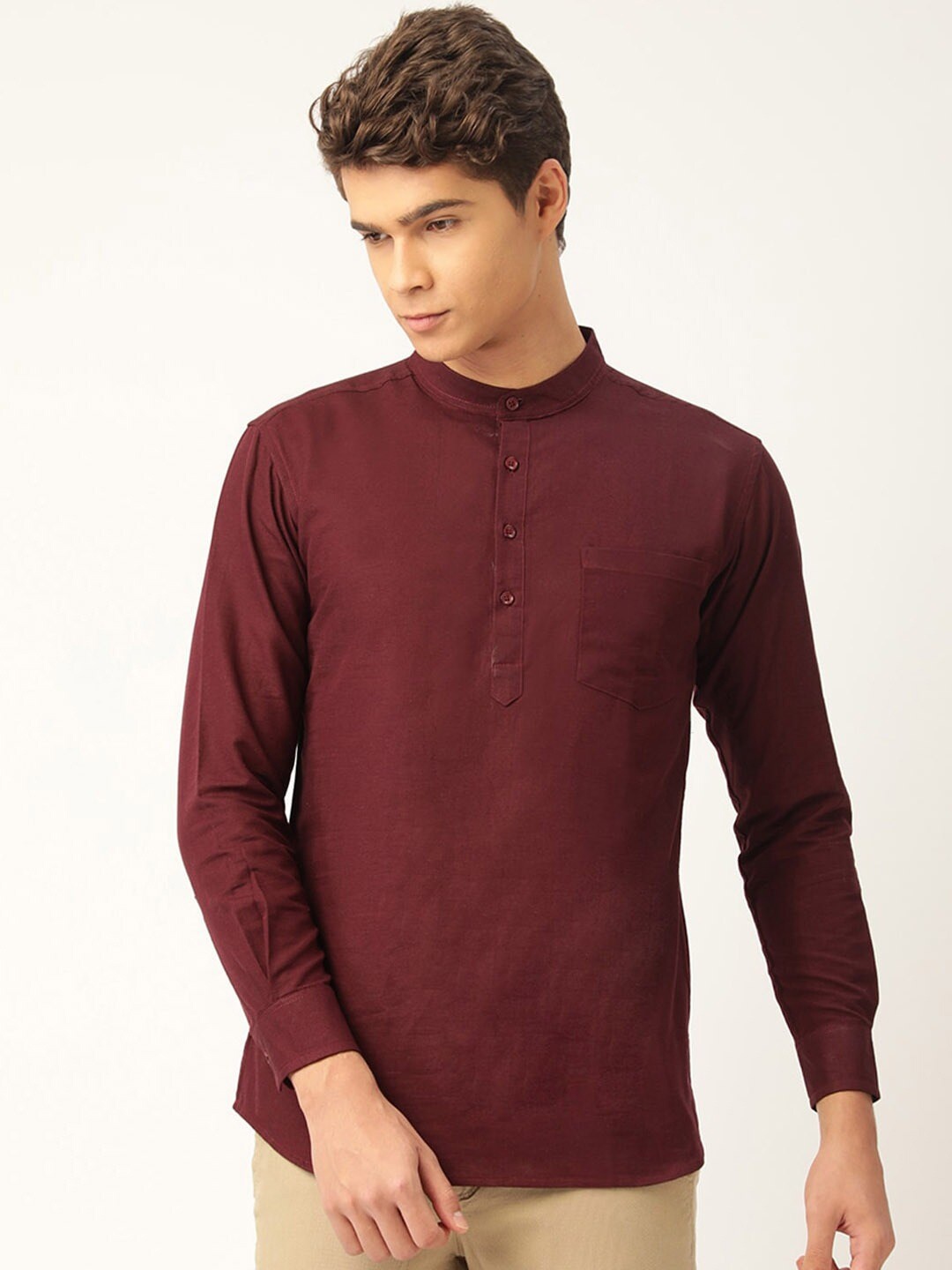 

WHITE HEART Band Collar Pure Cotton Short Kurta, Maroon