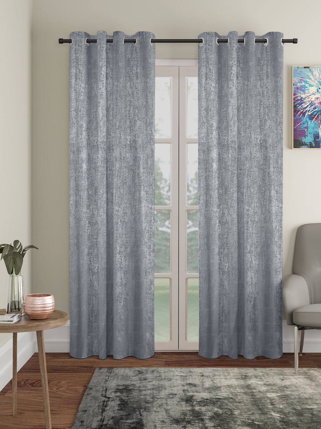 

SOKNACK Grey 2 Pieces Textured Black Out Door Curtains