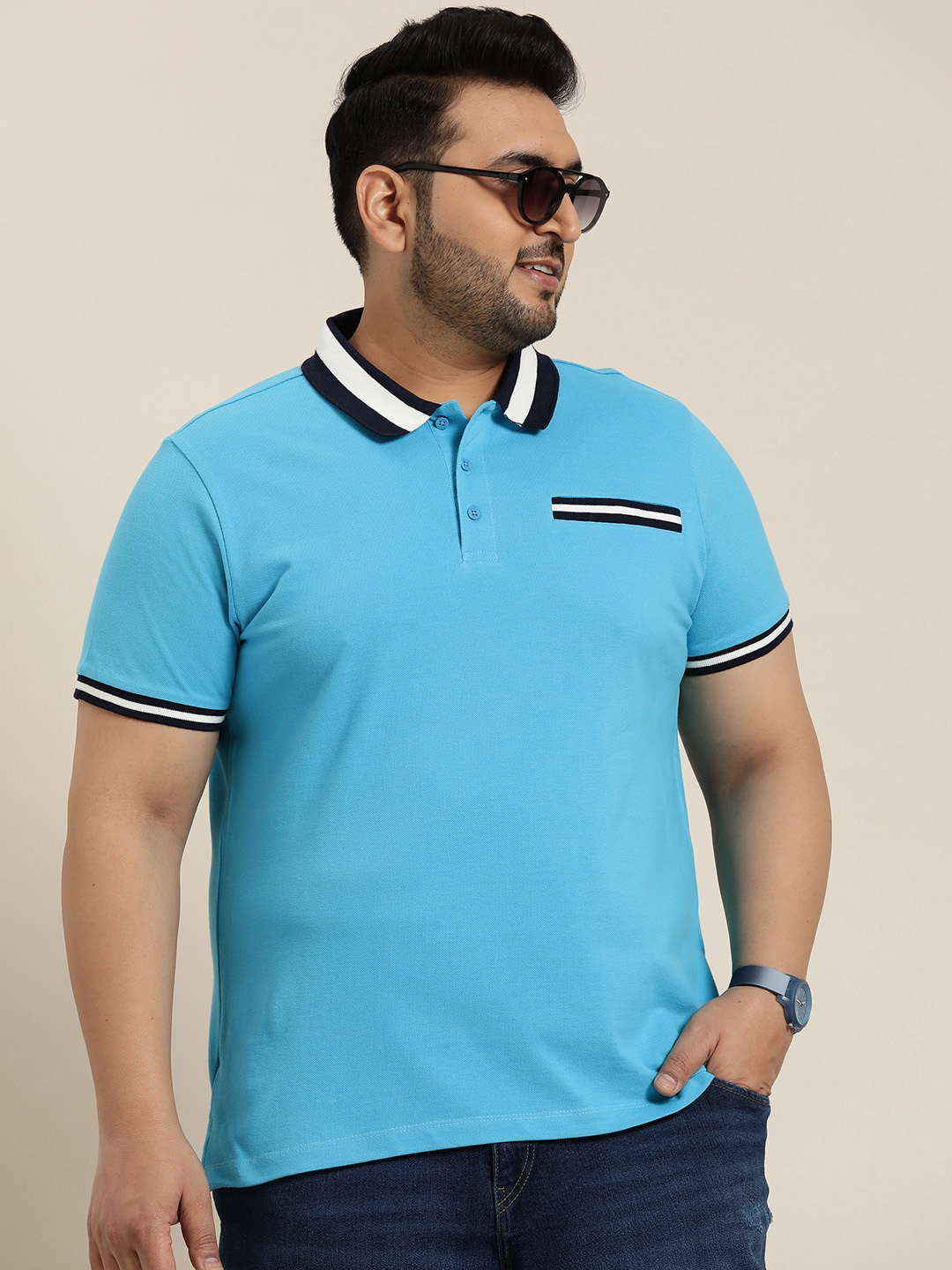 

Sztori Men Contrast Polo Collar Pure Cotton T-shirt, Turquoise blue