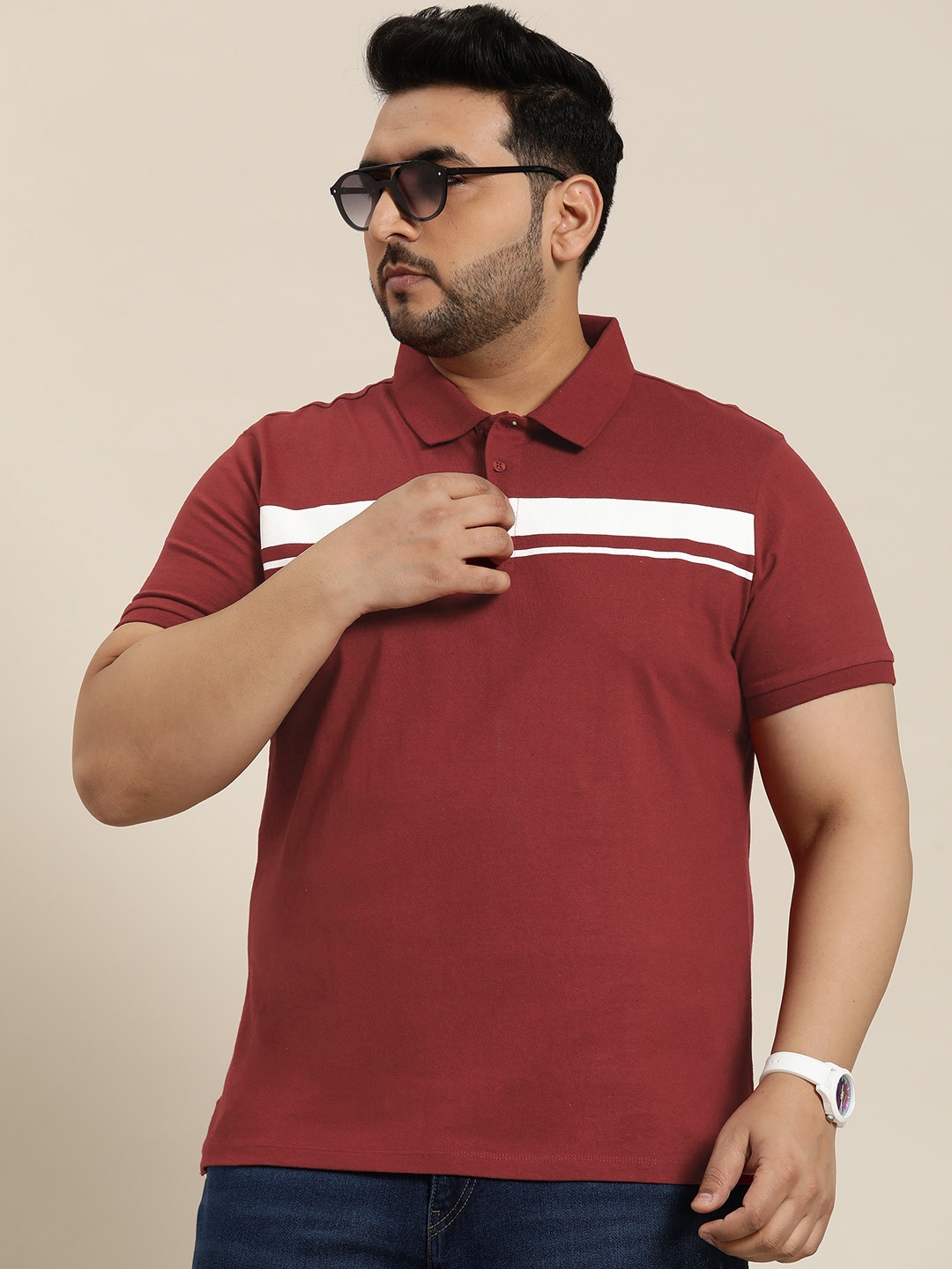 

Sztori Men Striped Polo Collar Pure Cotton T-shirt, Red