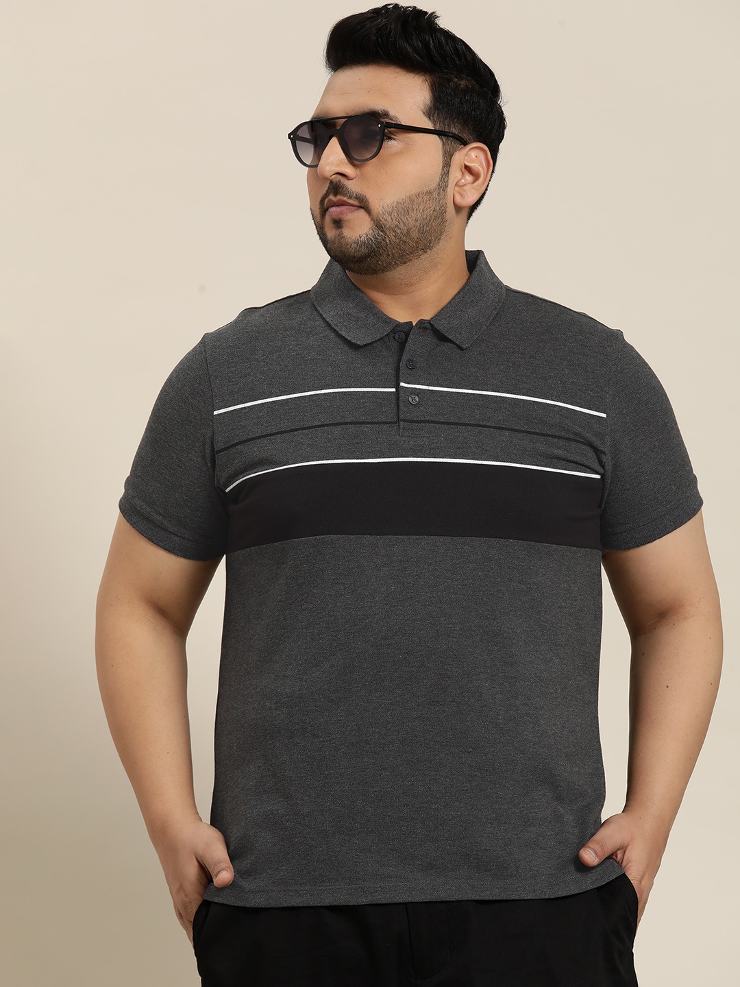 

Sztori Men Plus Size Regular Fit Colourblocked Polo Collar T-shirt, Charcoal