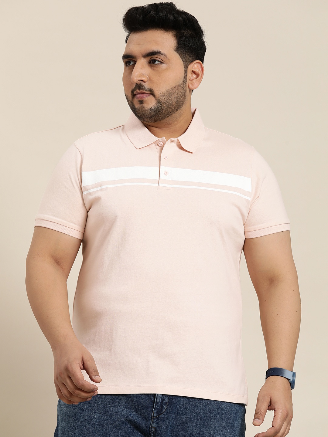 

Sztori Men Plus Size Regular Fit Striped Polo Collar T-shirt, Pink