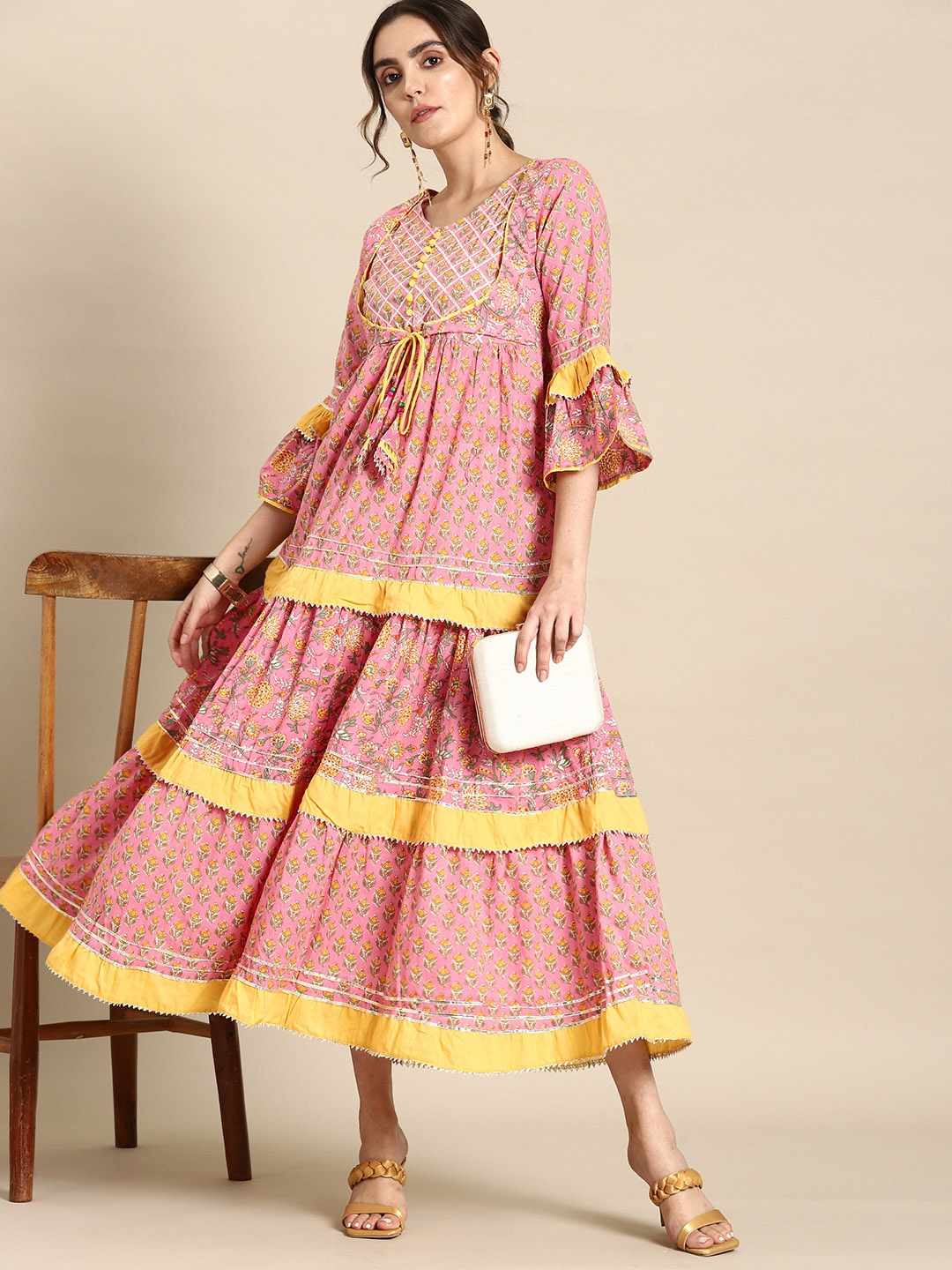

all about you Floral Print Bell Sleeve Cotton A-Line Midi Dress, Pink