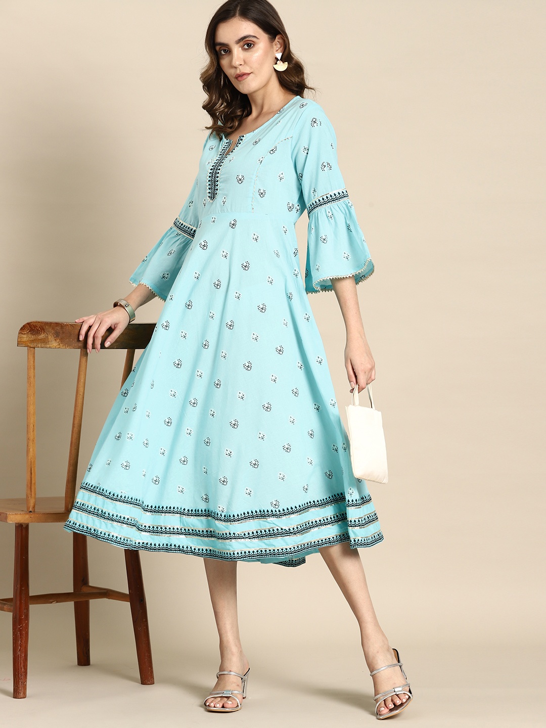 

all about you Floral Print Bell Sleeve Cotton A-Line Midi Dress, Turquoise blue