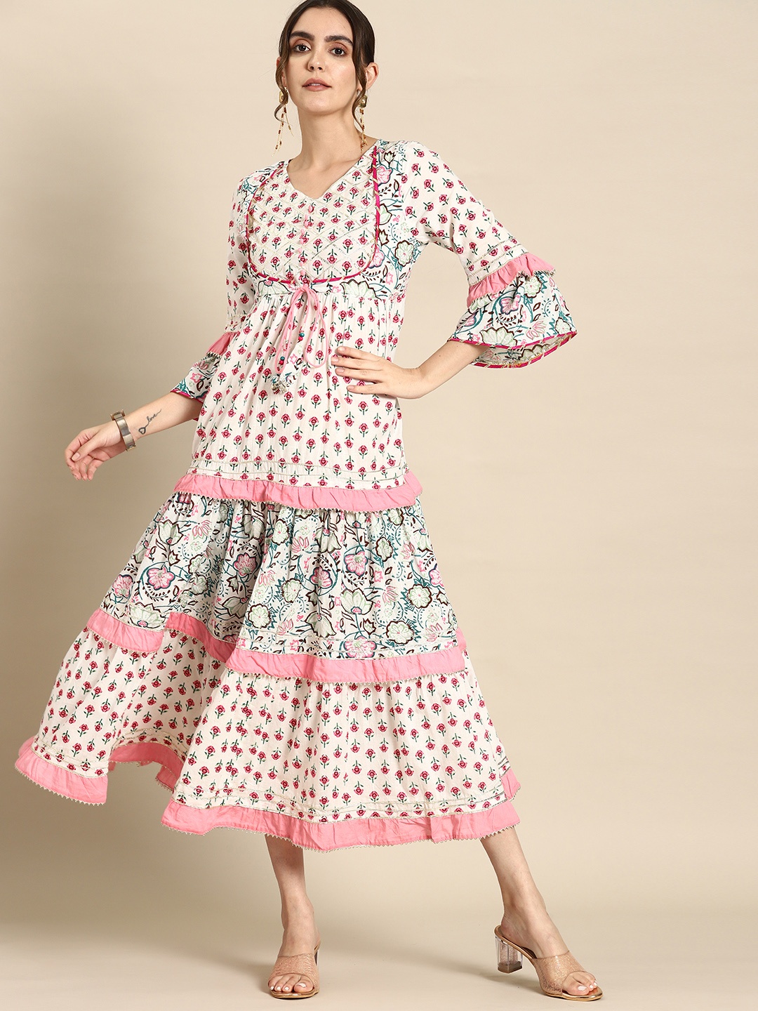 

all about you Floral Print Bell Sleeve Cotton A-Line Midi Dress, White
