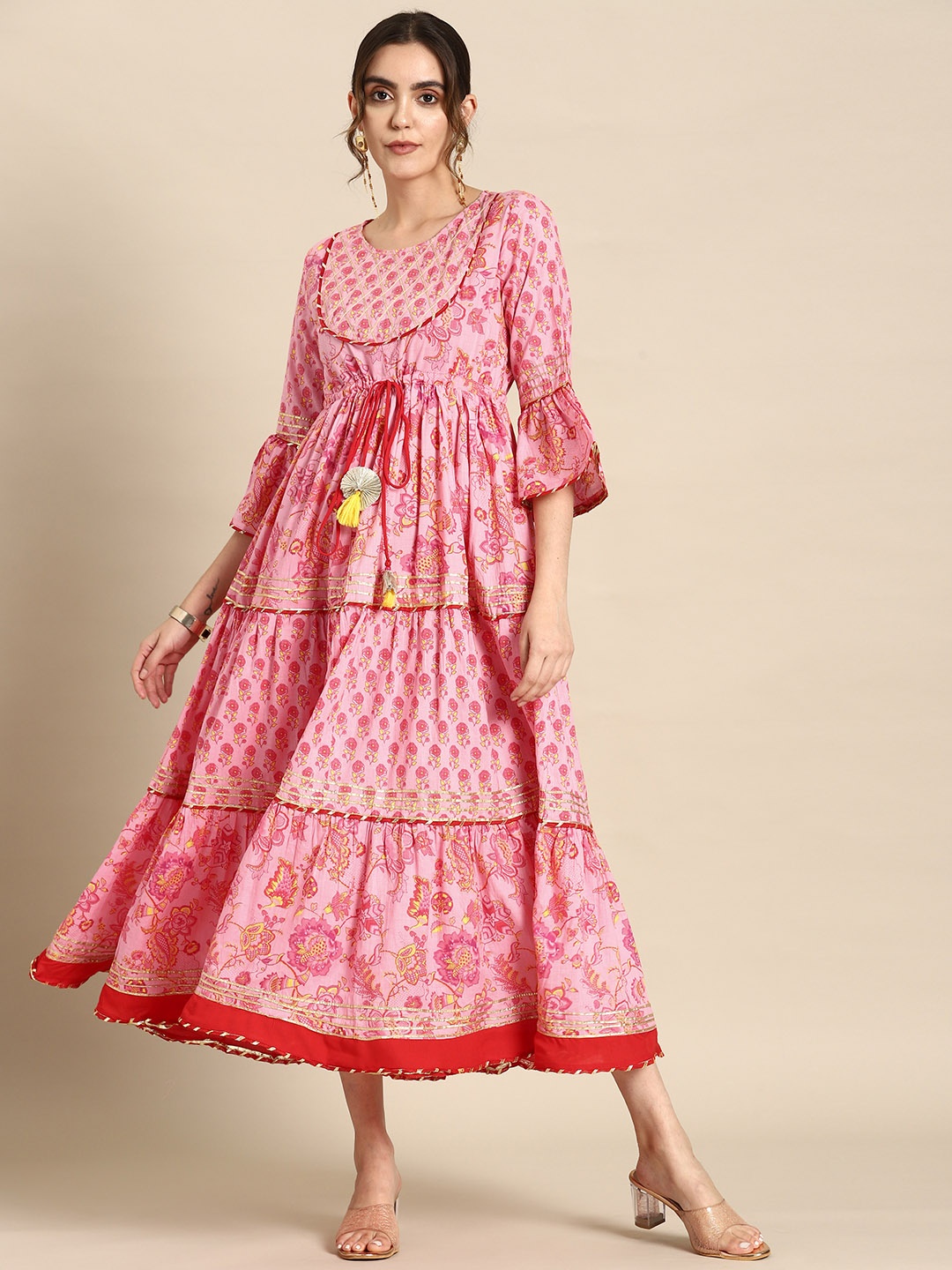 

all about you Floral Print Bell Sleeve A-Line Cotton Midi Dress, Pink