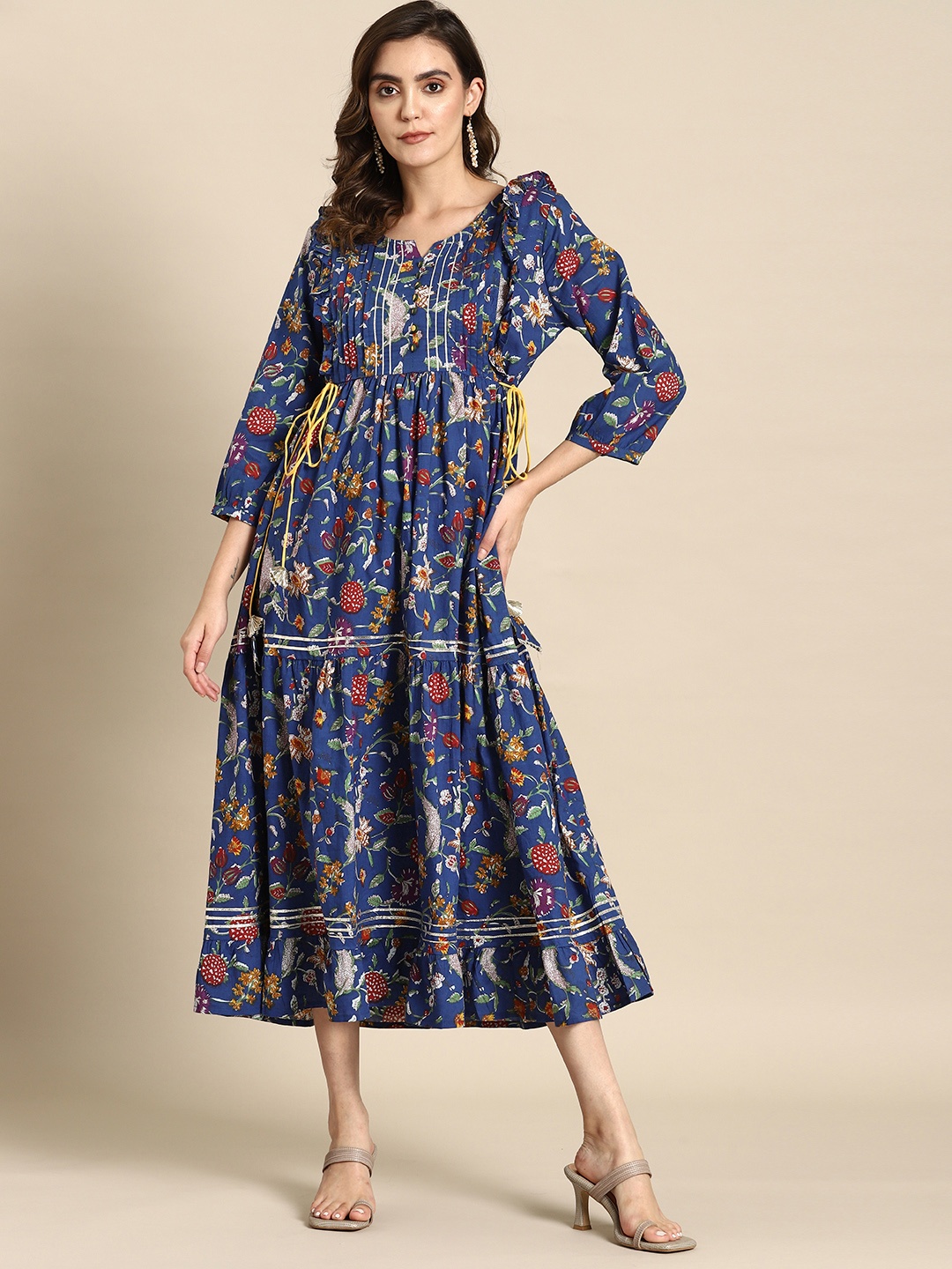 

all about you Floral Print A-Line Cotton Midi Dress, Blue
